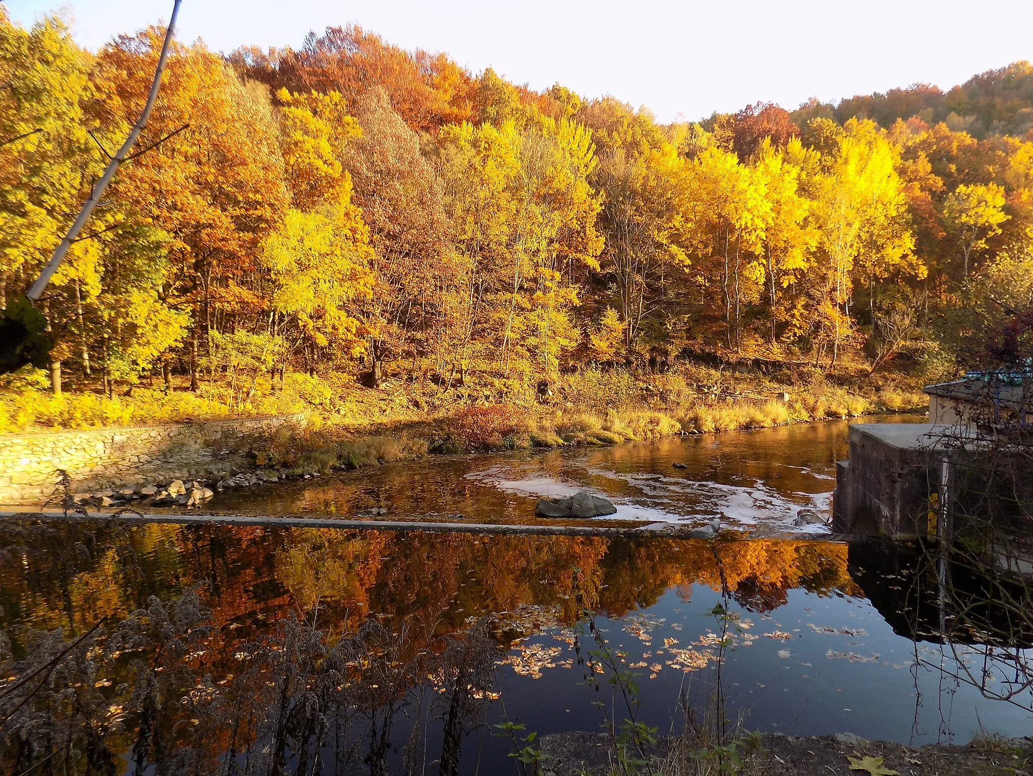 Photo showing: Freiberger Mulde river at the weir in Rosswein (Mittelsachsen district, Saxony)