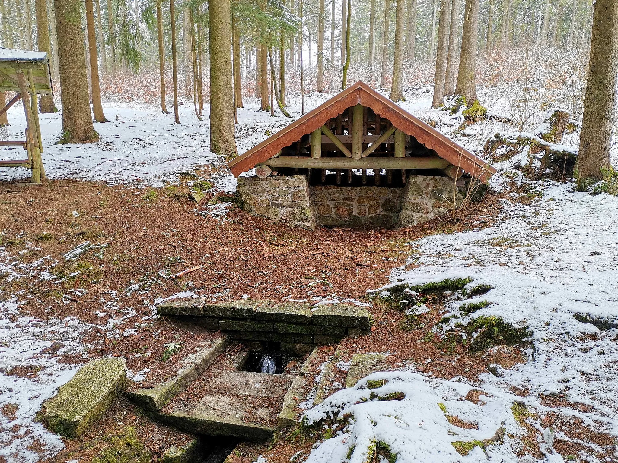 Photo showing: Radium water spring near Hammerbrücke, south of the Thierberg.