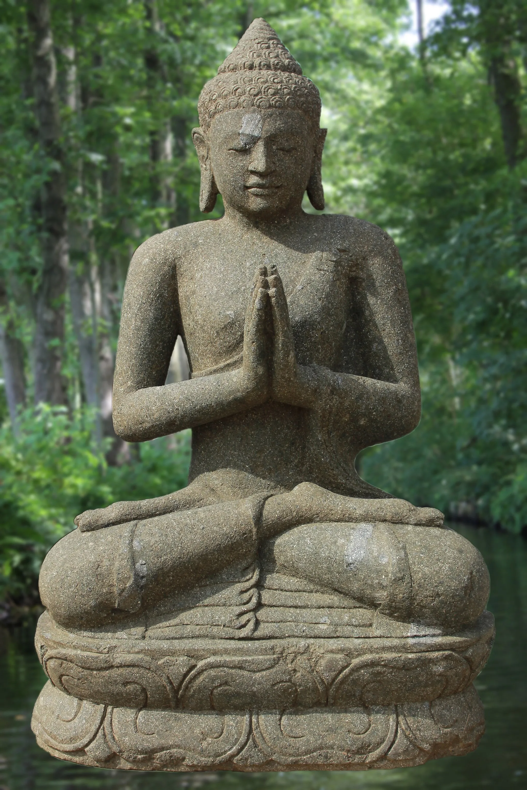 Photo showing: This is a Buddha from the natural stone Basanit with Anjali Mudra (hand position). The Buddha is depicted with Anjali mudra and is derived from the island of Java (Indonesia). The stone figure of this Buddha is located at Garden-Stoneart in D-08496 Neumark / OT Reuth.
