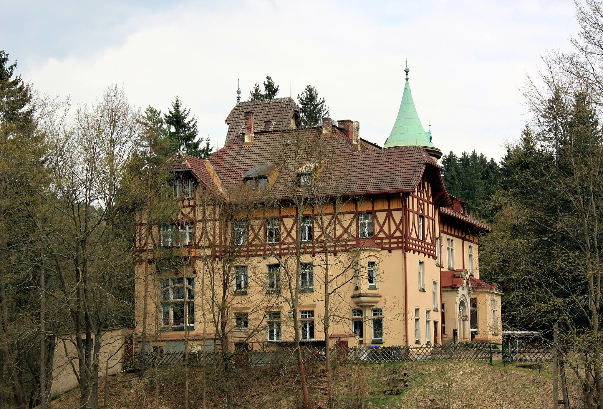 Photo showing: Ehemalige Bretschneider-Villa in Wolfsgrün, heute Hotel Wolfsgrüner Schlößchen. Erbaut 1904, Entwurf stammt von dem Architekten Oswald Haenel (1842-1911)