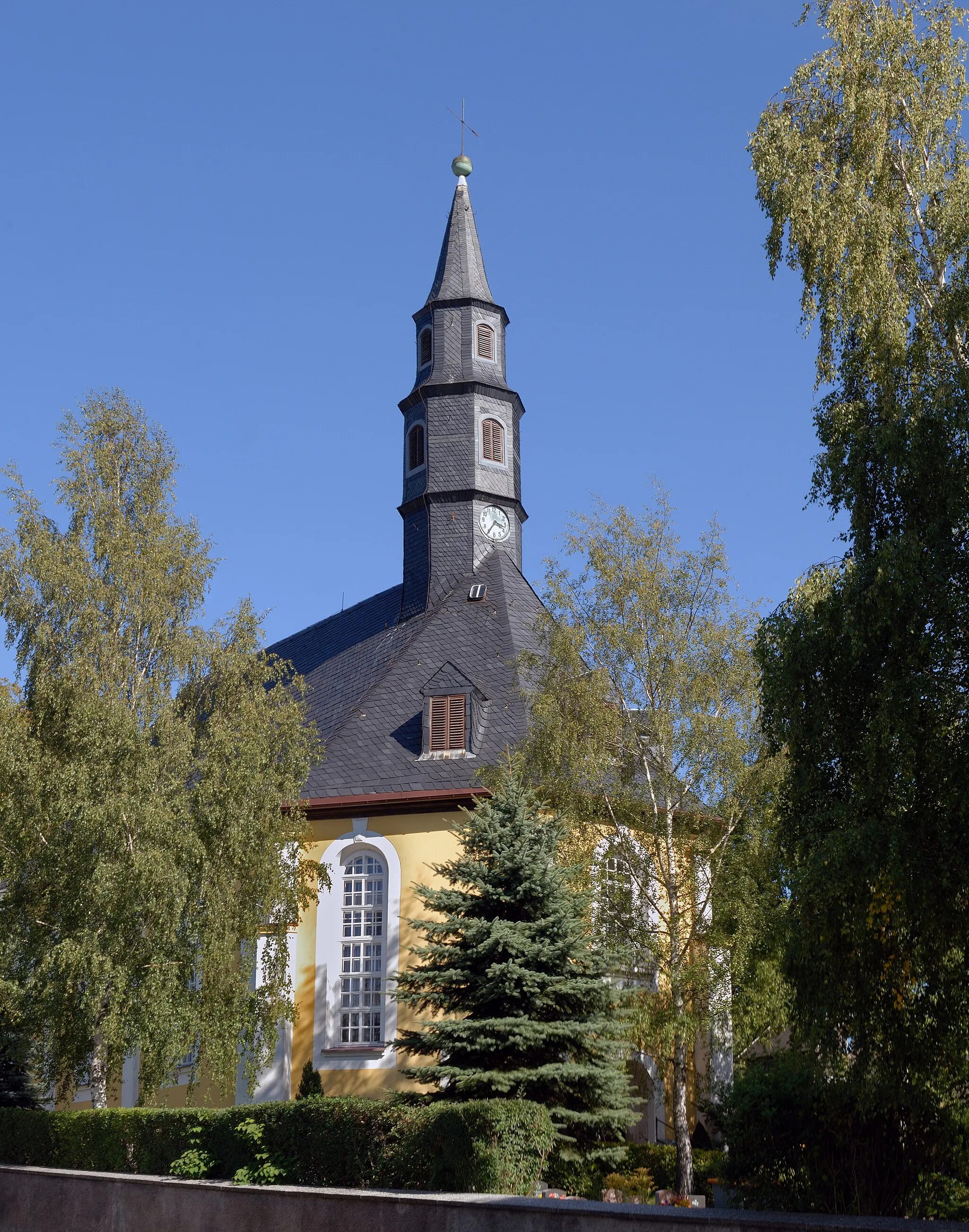 Photo showing: This image shows the church in Stützengrün, Saxony, Germany. It is a four segment panoramic image.