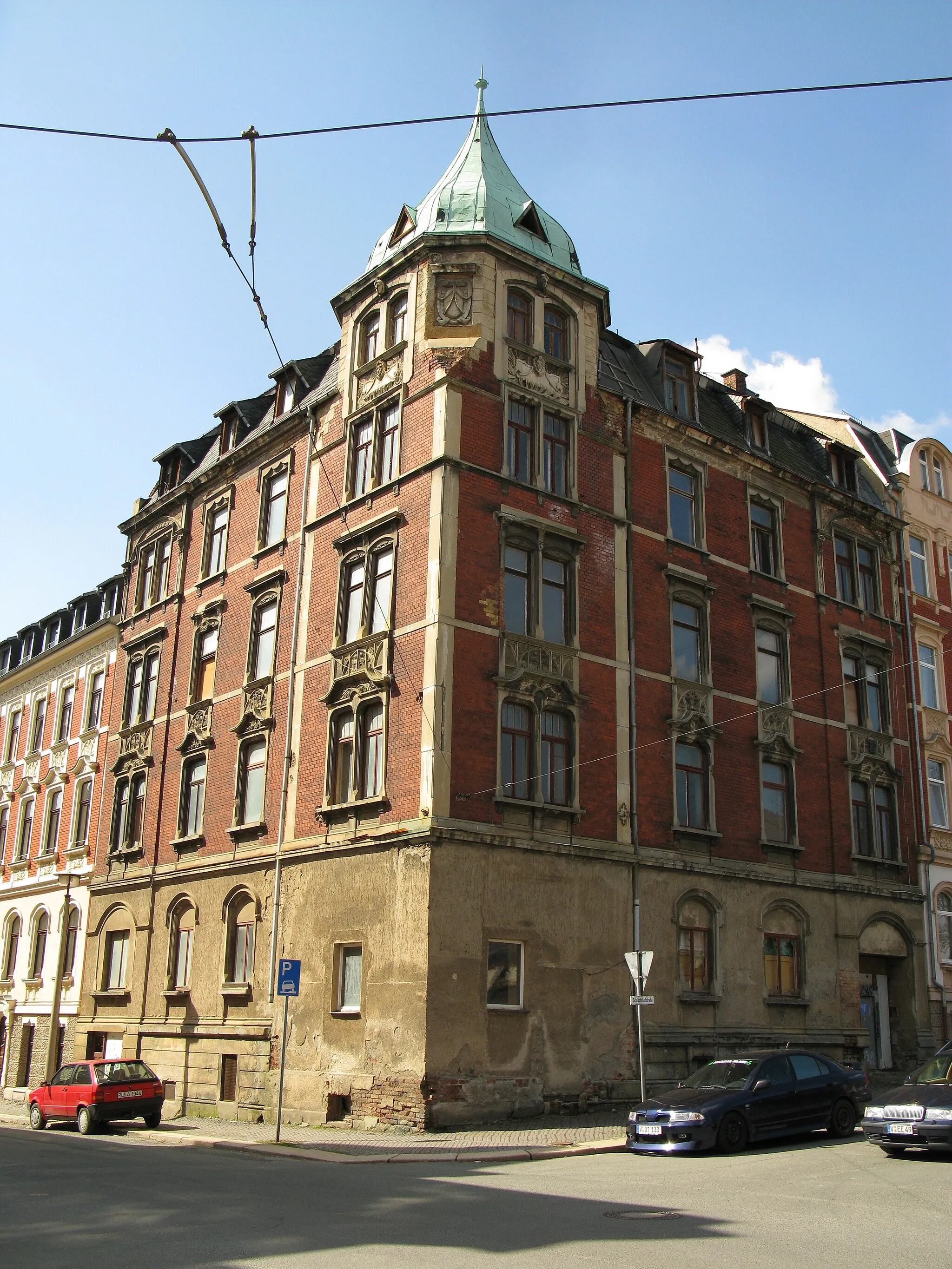 Photo showing: Plauen, denkmalgeschütztes Haus in der Schlachthofstraße, Ecke Breitscheidstraße (Schlachthofstraße 10).