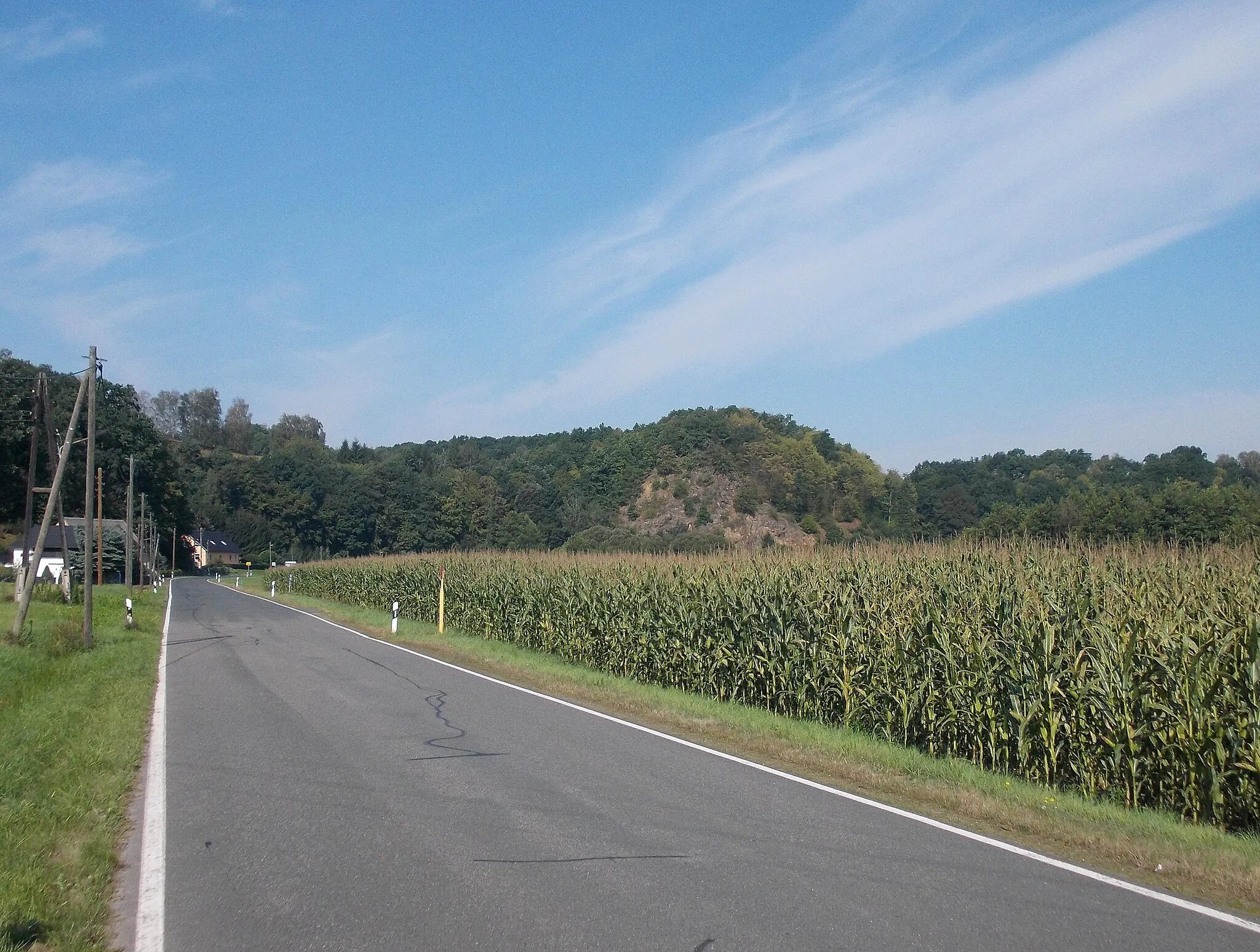 Photo showing: Talstrasse in Grunau (Rosswein, Mittelsachsen district, Saxony) with Spitzberg hill