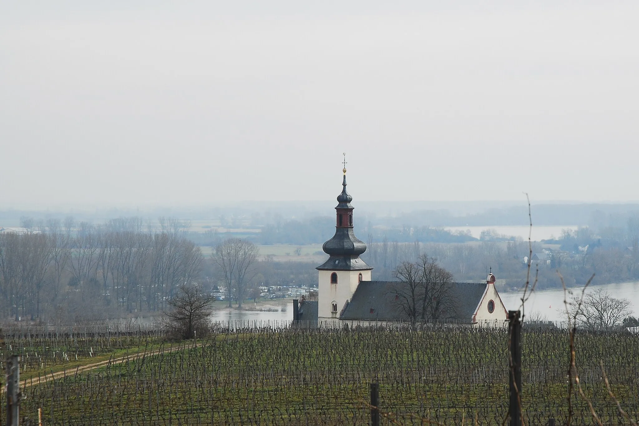 Photo showing: Catholic Church of St. Kilian in Nierstein, Romanesque choir tower, probably around 1200, late baroque bell storey and nave, 1773/76, view from north-west from the vineyards