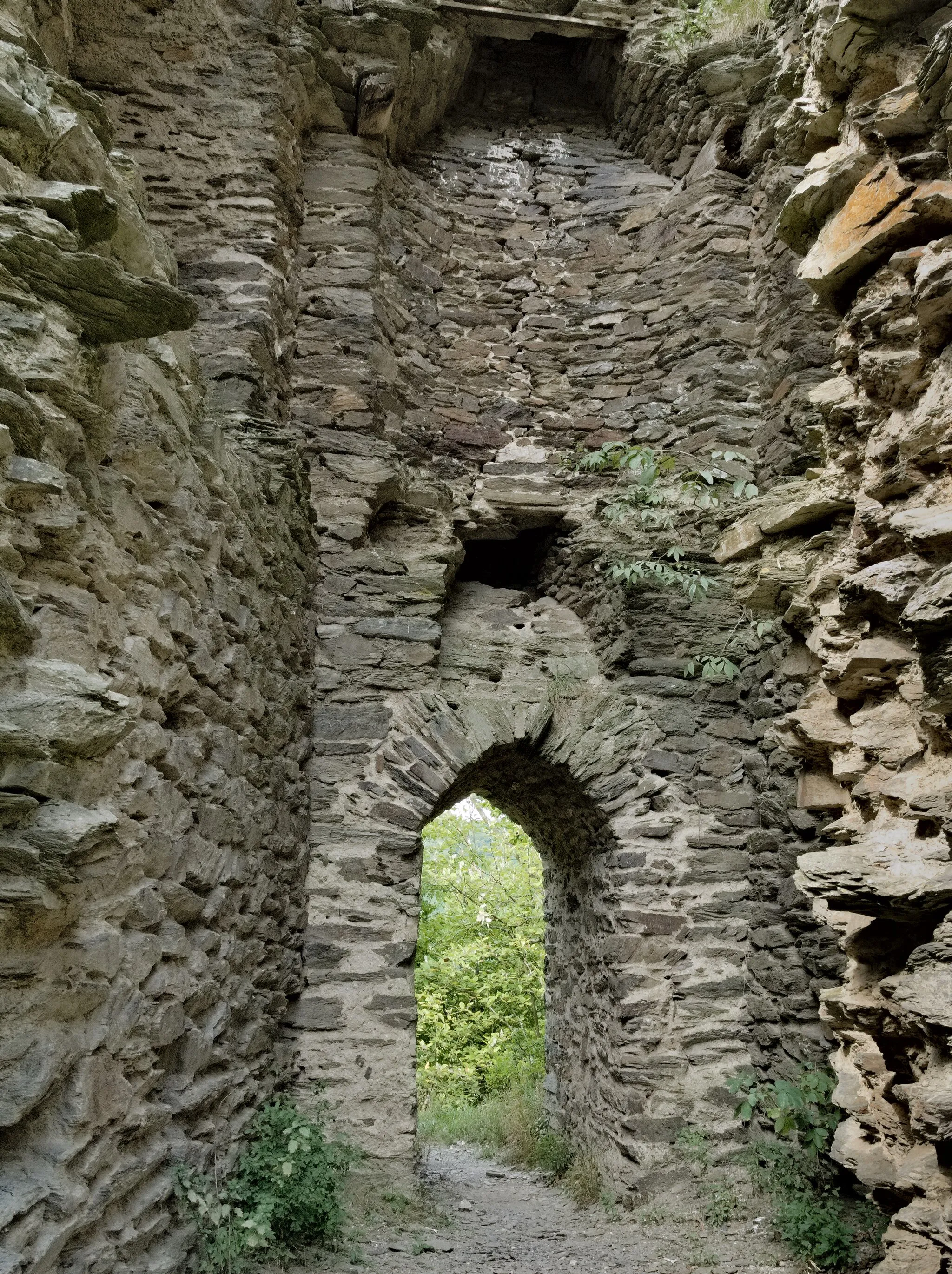 Photo showing: Rheinberg castle near Lorch, Germany. View from inside onto the northern wall of the keep with a chimney in the upper floor.