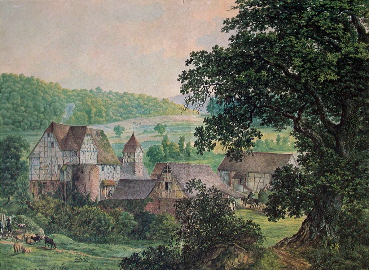 Photo showing: Wasserburg Schloss-Nauses
Hessisches Landesmuseum Darmstadt, Graphische Sammlung, Inv. Nr. HO 1587., Aquarell auf Papier · farbig