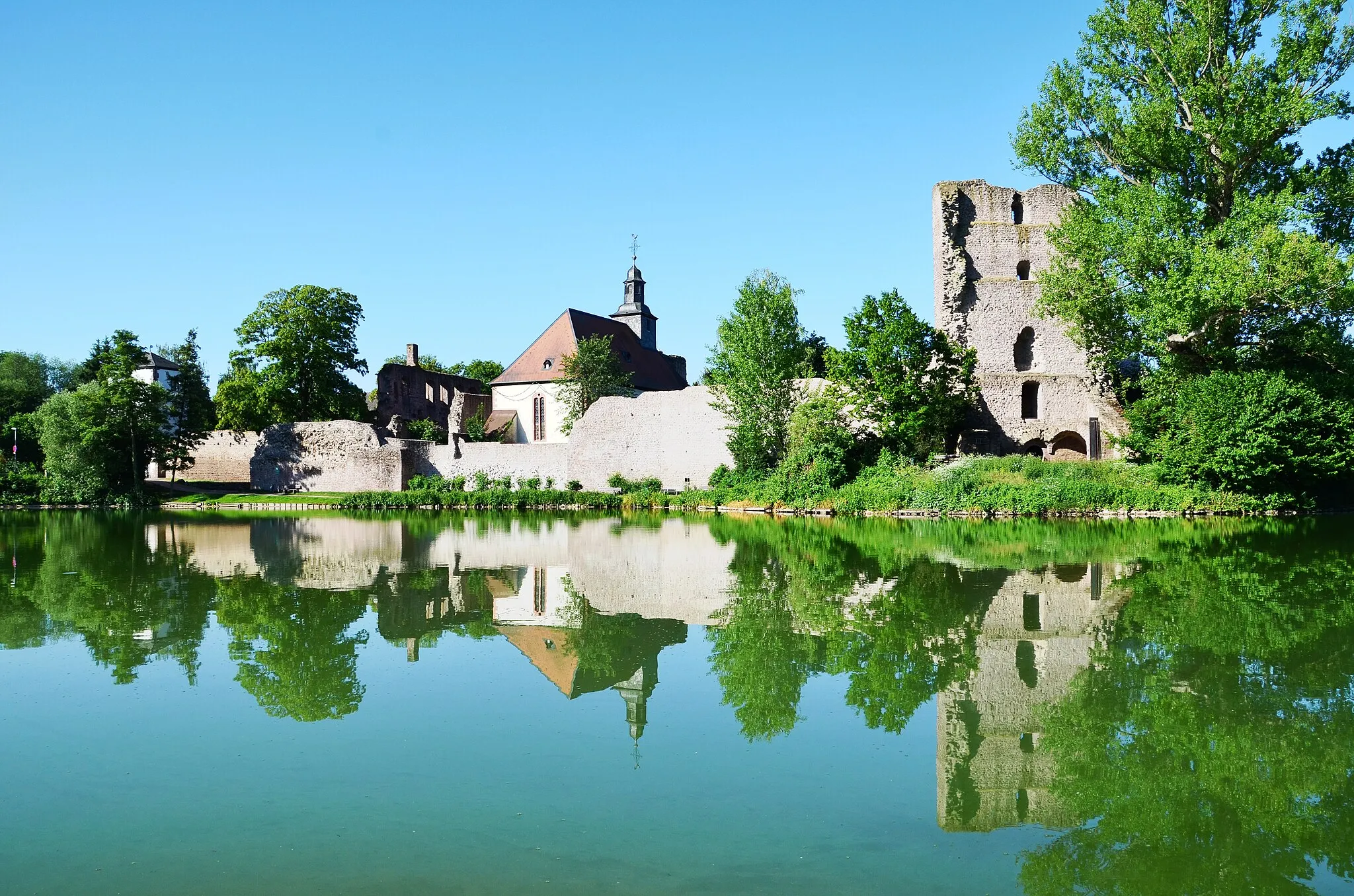 Photo showing: Blick von Weiher auf Anlage der Burg Hayn