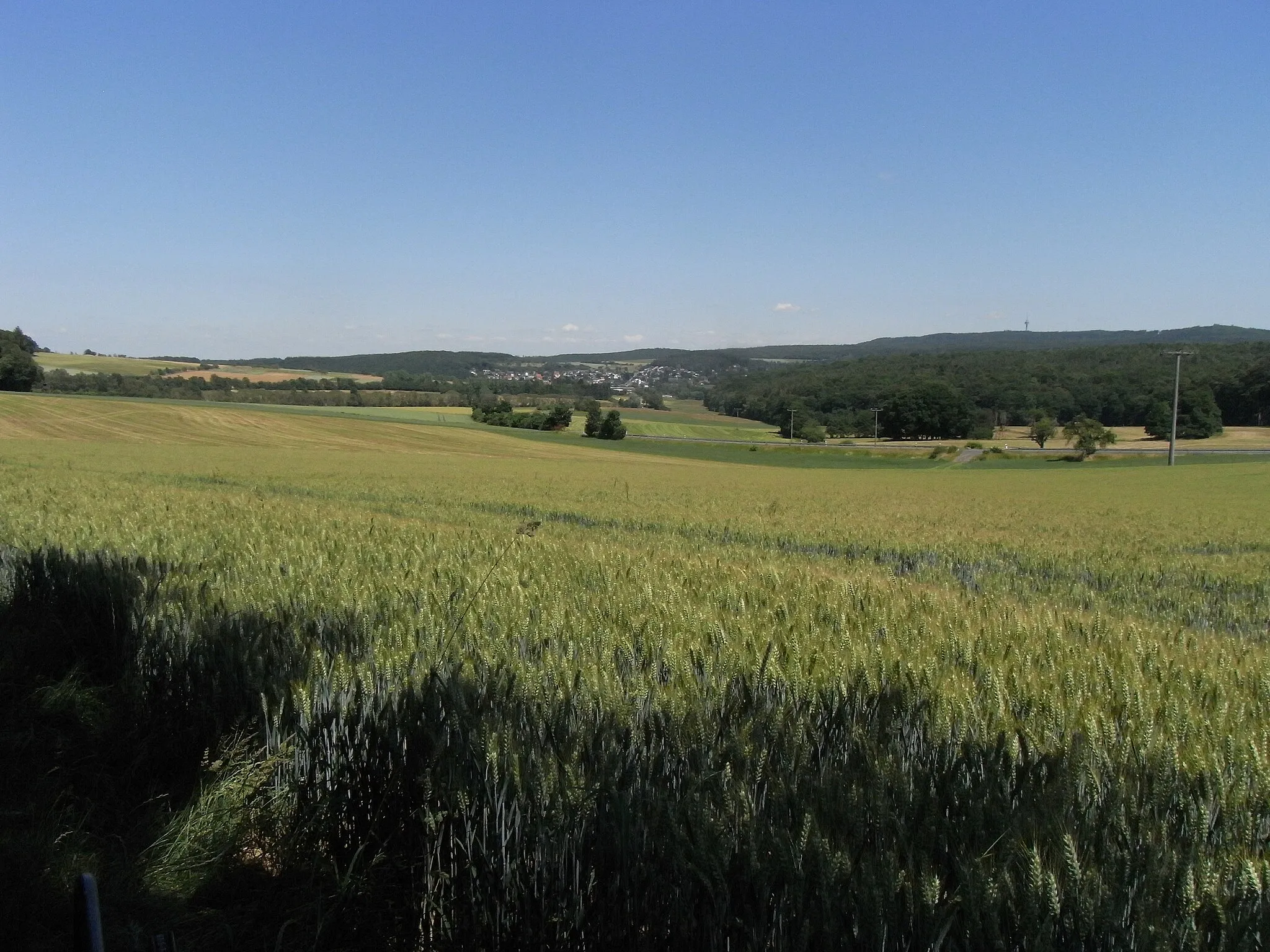 Photo showing: Aus Südwesten (nahe Schlink): Erlenbach (links) und Erlengraben (rechts) in Gänze vor Pfaffenwiesbach, mittig vor dem Gaulskopf, rechts zeigen sich Winterstein, Steinkopf und Kuhkopf hinter dem Heßberg