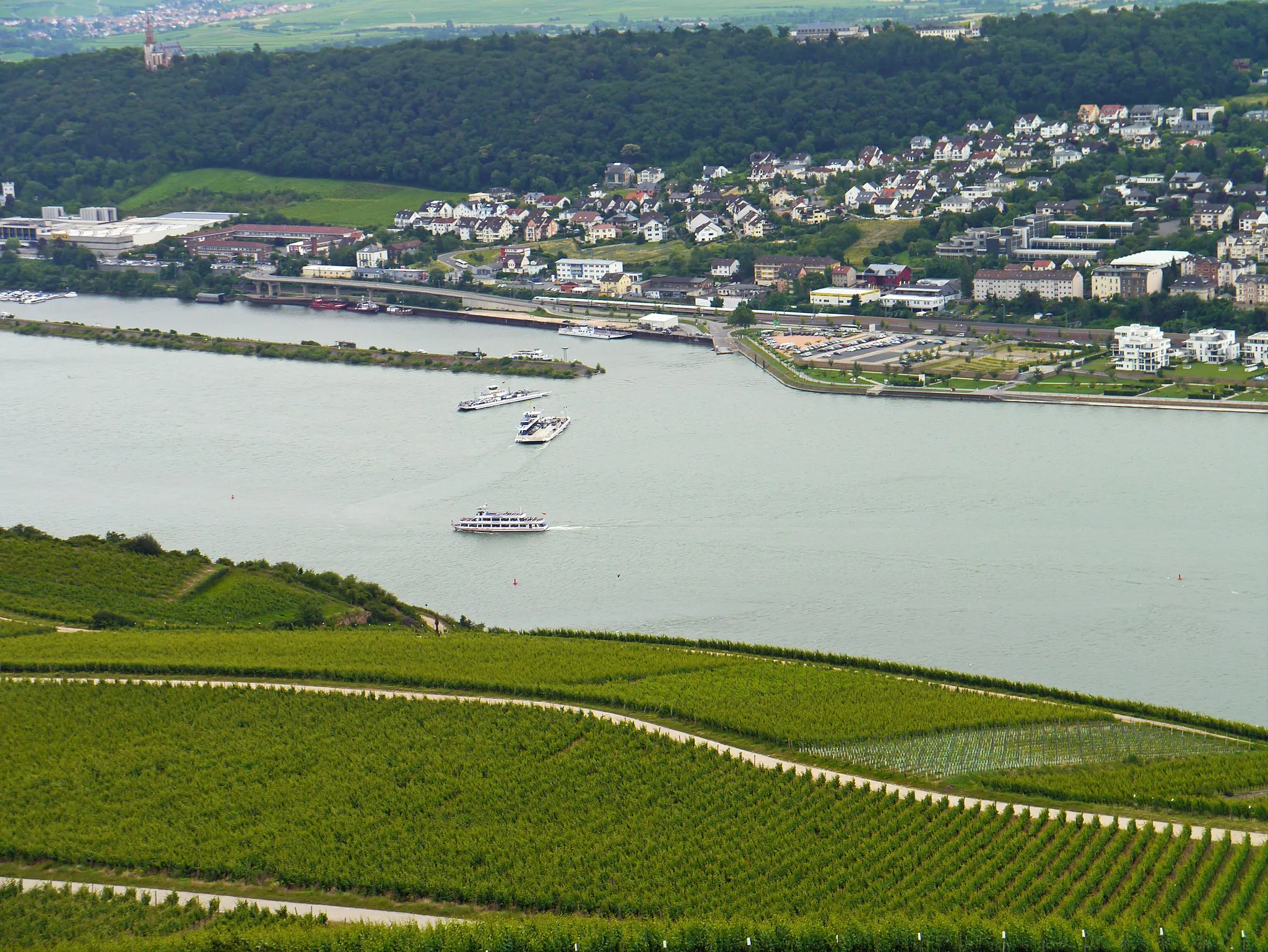 Photo showing: Der Rhein, Bingen und die Faehren nach Ruedesheim (2012) vom Niederwal-Denkmal aus.