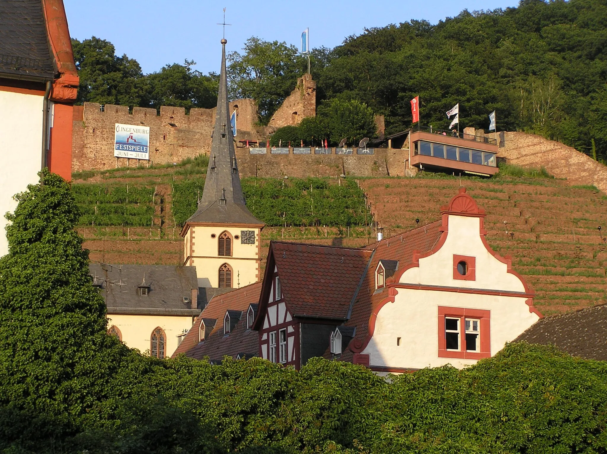 Photo showing: Die Clingenburg, die Pfarrkirche und das Torhaus des Stadtschlosses in Klingenberg