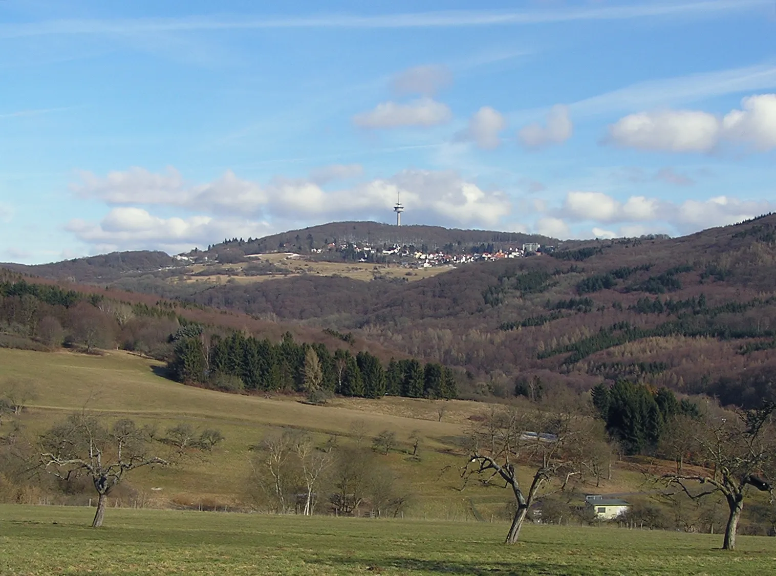 Photo showing: The Atzelberg with telecommunication tower and the village Kelkheim-Eppenhain