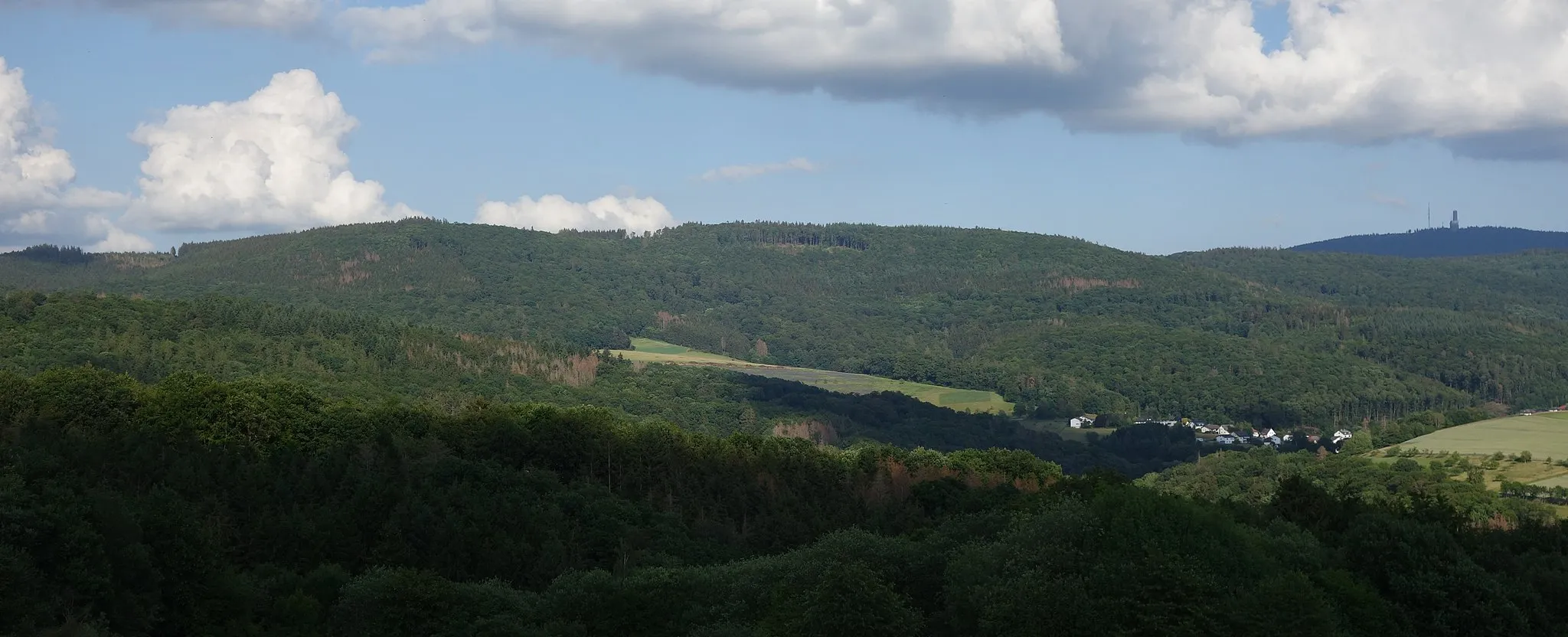 Photo showing: Windhain über Waldems-Wüstems von der Siedlung Reinborn gesehen, aus Richtung Westen. Links im Bildmittelgrund der Berg "Burg", auf dem sich der Ringwall Waldems befindet