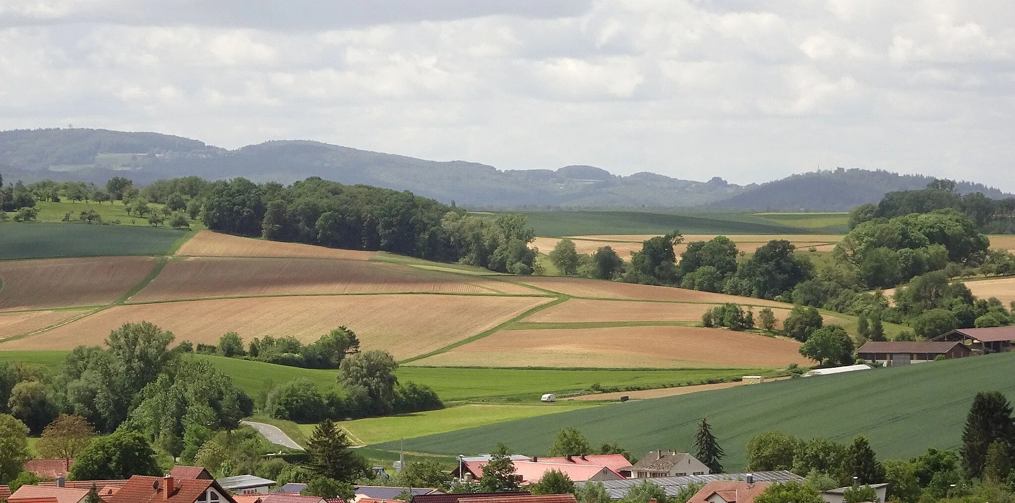 Photo showing: Natural monument "Hohl Kuhtränke" (Otzberg, Landkreis Darmstadt-Dieburg, Hesse, Germany). View from the lower slope of the Otzberg over the roofs of Nieder-Klingen to the wooded loess valley. In the background mountains of Vorderer Odenwald: on the left Neunkircher Höhe, on the right Altscheuer.