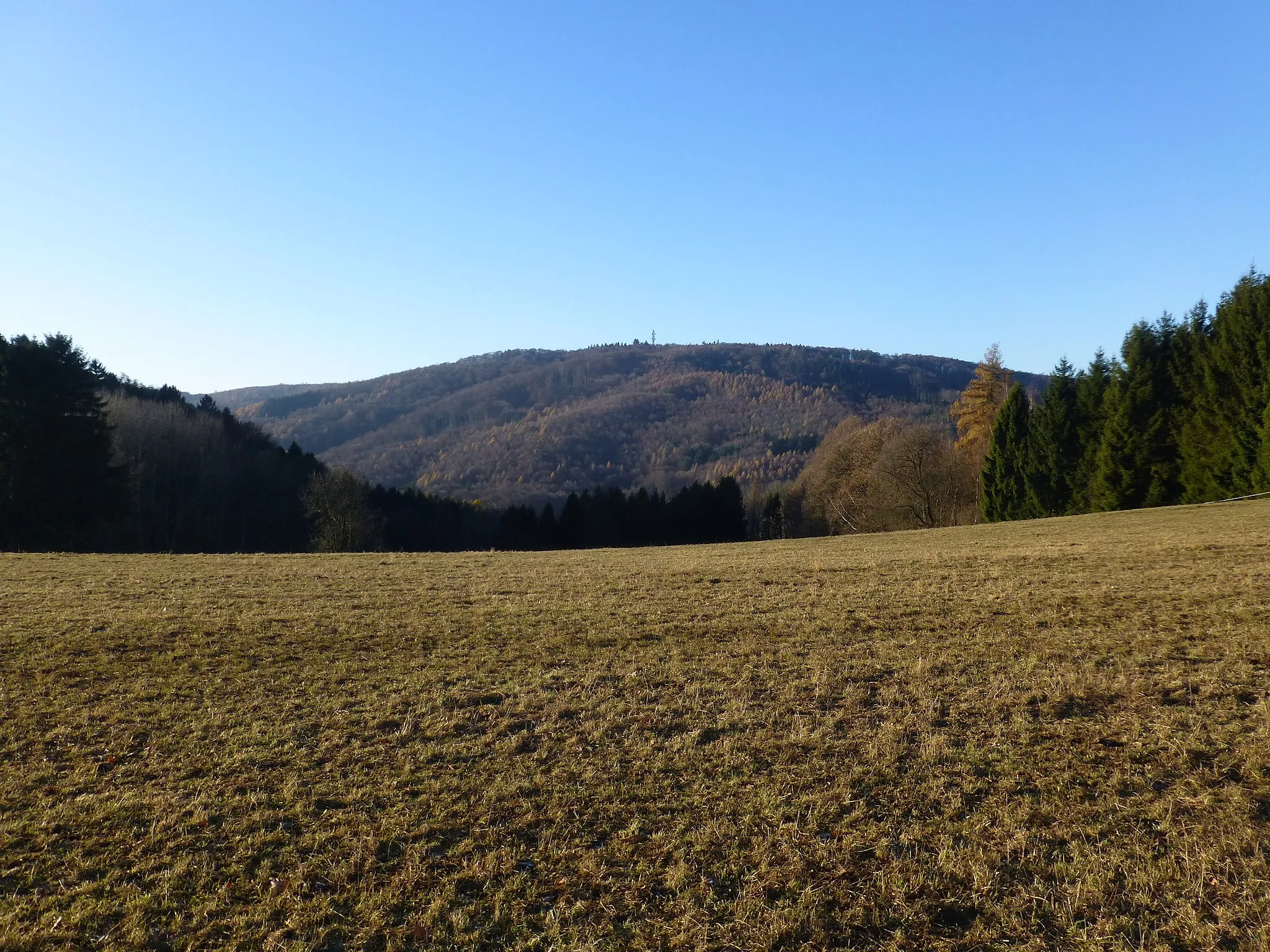 Photo showing: Blick von einer Anhöhe zwischen Lautern und Bedenkirchen westnordwestwärts zum Felsberg