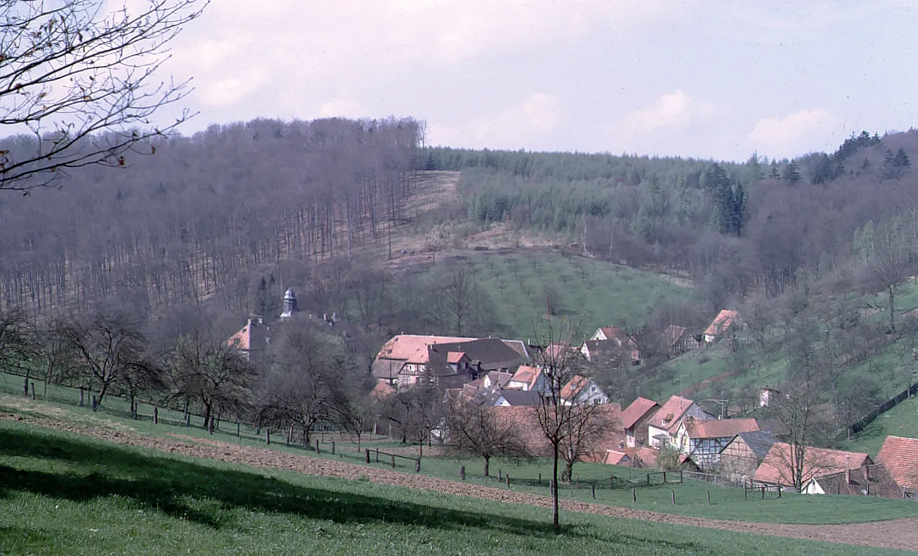 Photo showing: Gettenbach: Jagdschloss in Gettenbach mit altem Ortskern im Oberdorf von Süden aus