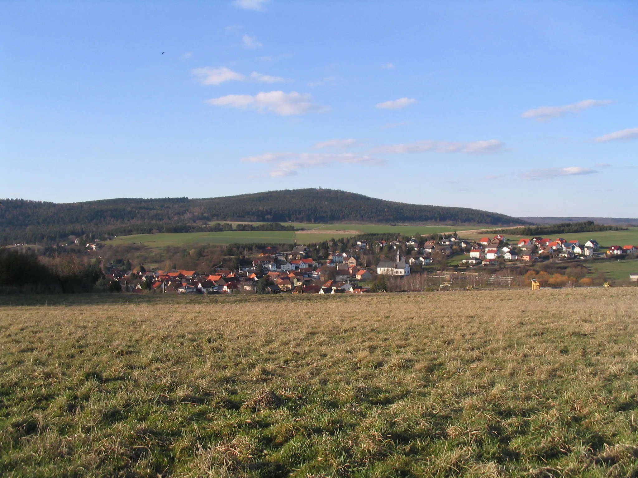 Photo showing: Der 486 m hohe Hausbeg im Taunus von Süden. Im Vordergrund Münster, ein Ortsteil von Butzbach