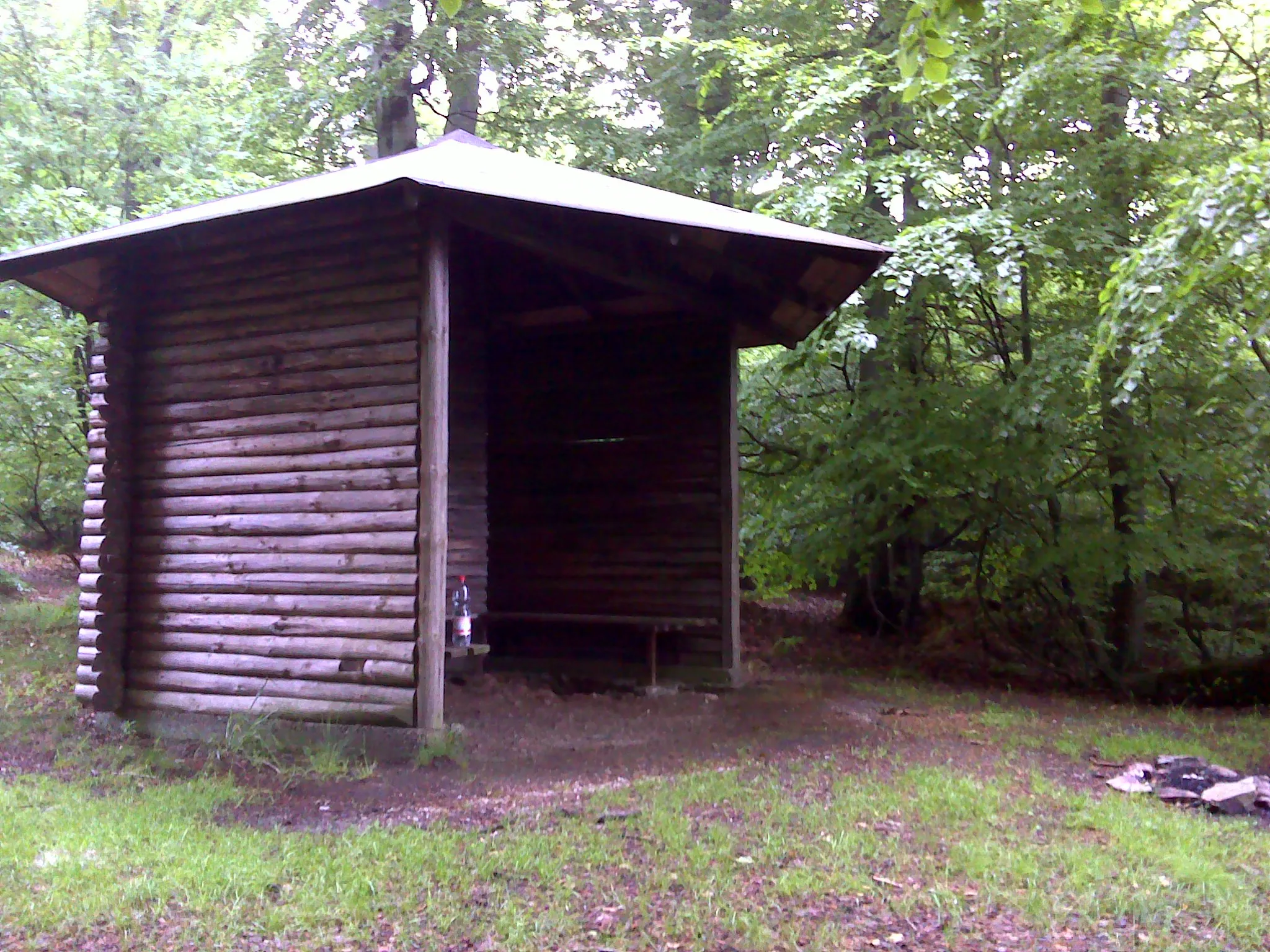 Photo showing: Peerenboom-Hütte im Eltviller Stadtwald. Die Feuerstelle vor der Hütte ist laut Hessen-Forst (Forstamt Rüdesheim) illegal.