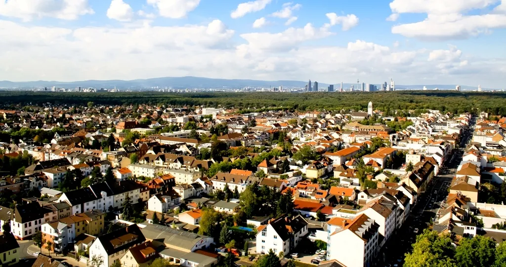 Photo showing: Foto: Samra Babalija (Aufnahme vom Hochhaus des Isenburg Zentrum mit Blick auf Westen von Neu-Isenburg und Frankfurter Straße