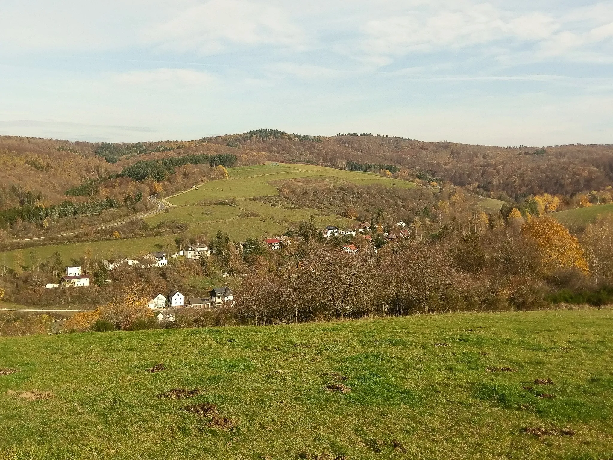 Photo showing: Fischbach, Ortsteil von Bad Schwalbach im Rheingau-Taunus-Kreis. Im Hintergrund der Neunzehntberg.