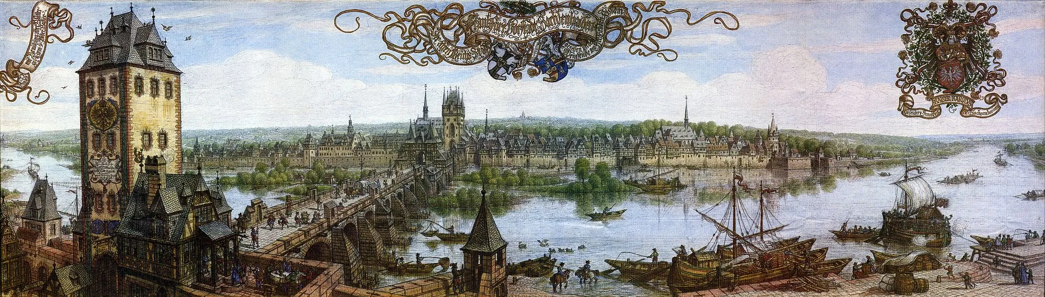 Photo showing: Frankfurt's Vorstadt of Sachsenhausen at the beginning of the 17th century, water colour; transcript of the headline (from left to right): „AD 1889 / under use of old documents drawn and painted by Peter Becker / the old imperial city / Frankfurt's suburbia Sachsenhausen / as seen from the inn at the old bridge tower / founder of Frankfurt / Charlemagne / and Sachsenhausen“