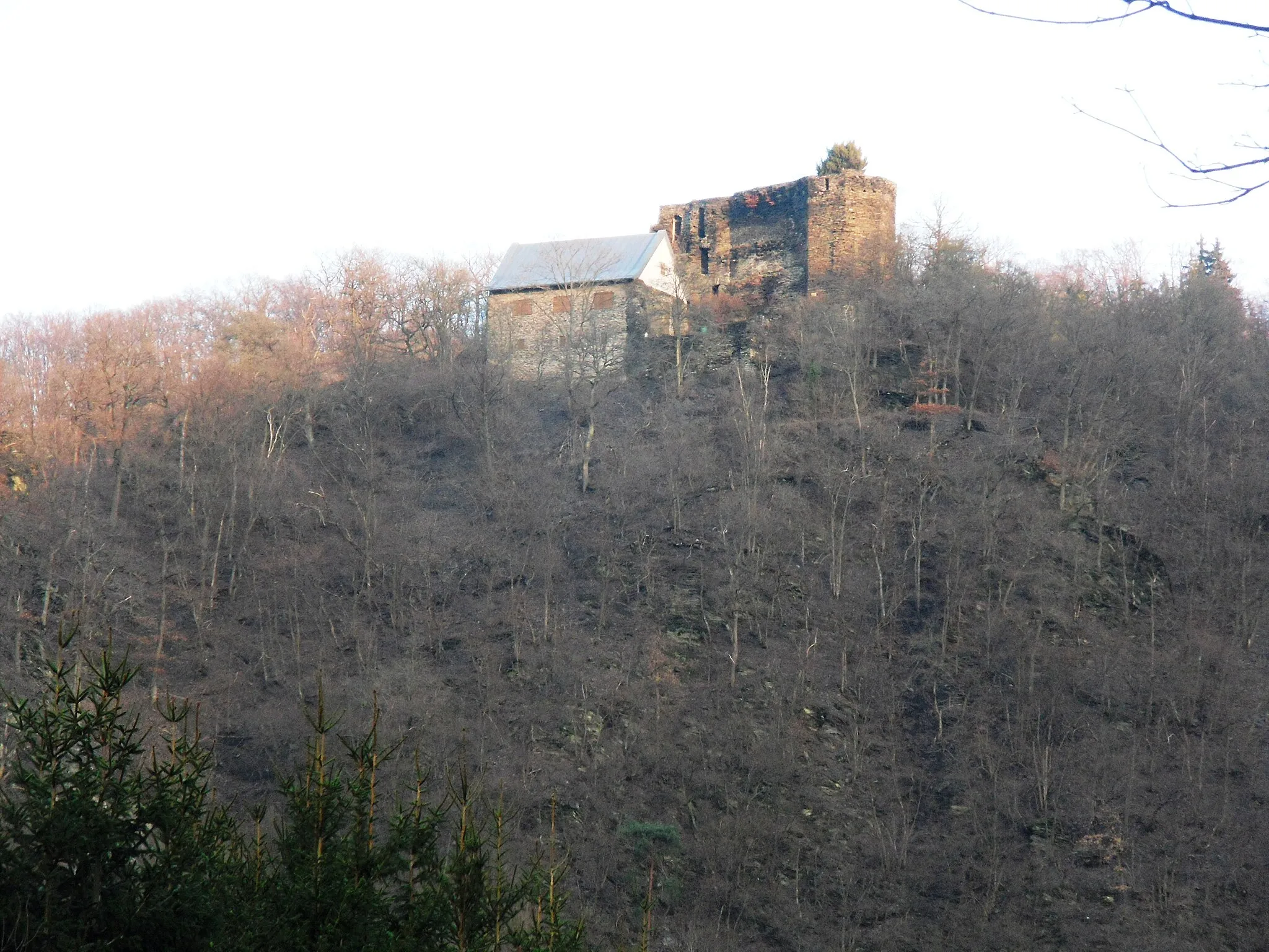 Photo showing: Burg Haneck auf einem Bergsporn über der Wisper südöstlich von Geroldstein, Gemeinde Heidenrod, im Taunus.