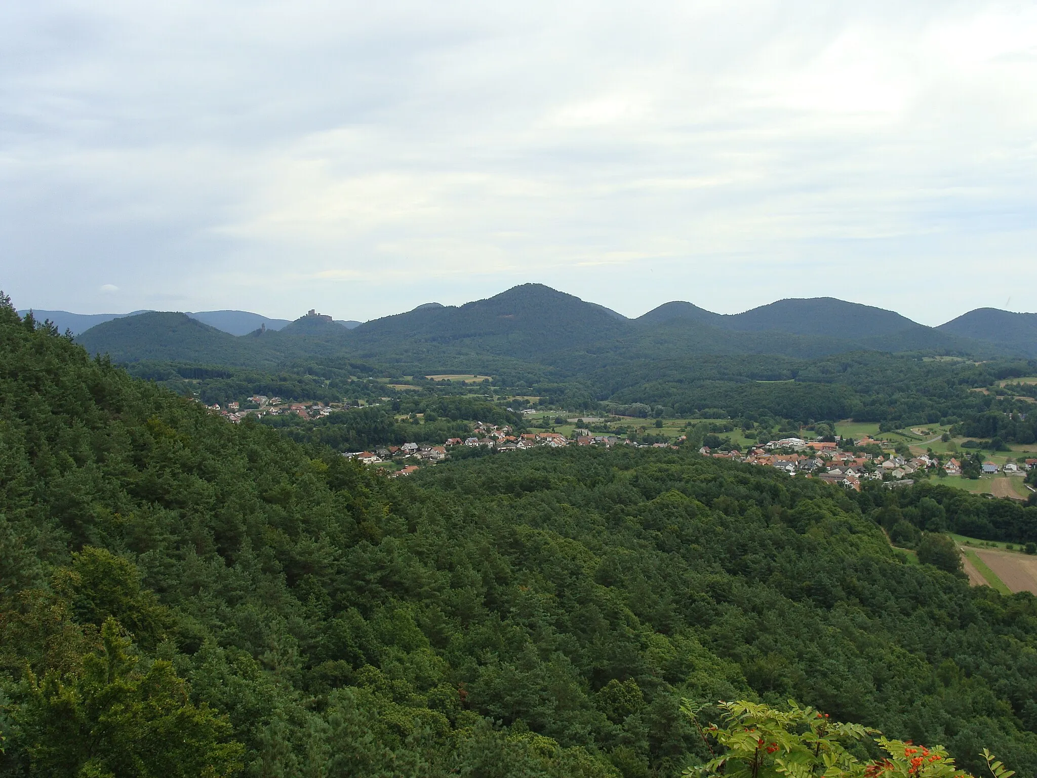 Photo showing: Rehberg und nördlicher Wasgau bei Annweiler - Blick vom Rötzenfelsen am Rötzenberg im Wasgau/Pfälzerwald