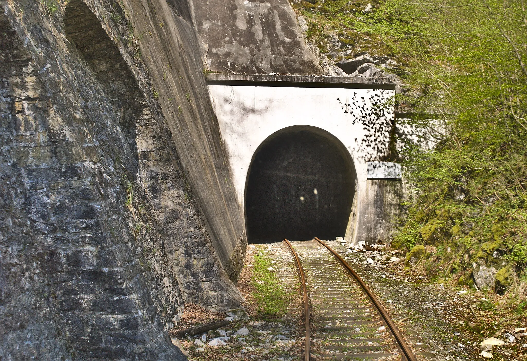 Photo showing: The southern portal of the Alme tunnel of the Alme valley railroad [Almetalbahn] in Alme village, Brilon city, North Rhine-Westphalia, Germany.