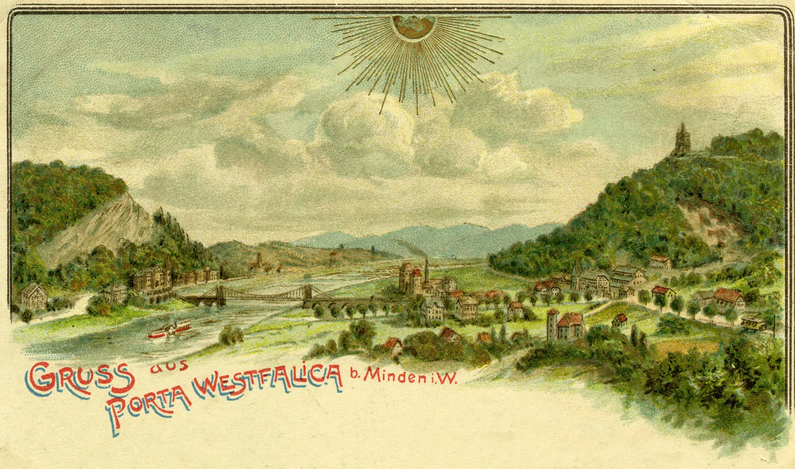 Photo showing: Scan of part of an old German postcard sent in 1904, showing Porta Westfalica.