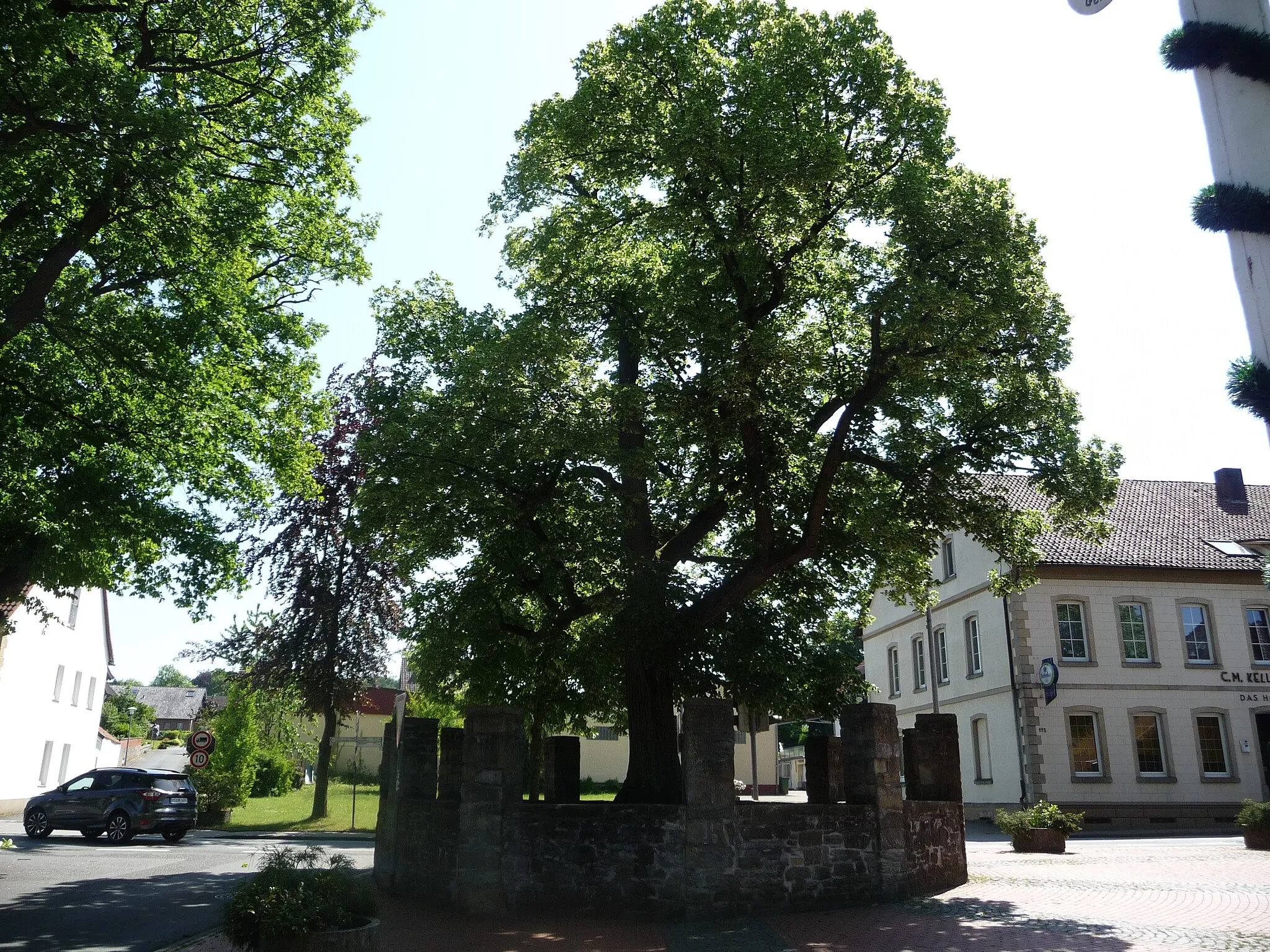 Photo showing: Unter dieser Linde wurden früher Gerichtsversammlungen abgehalten. Richter war der Schlossherr von Gesmold.
Heute trifft man sich hier zu einem Fest.

Die Femlinde ist das Symbol des Ortswappens.