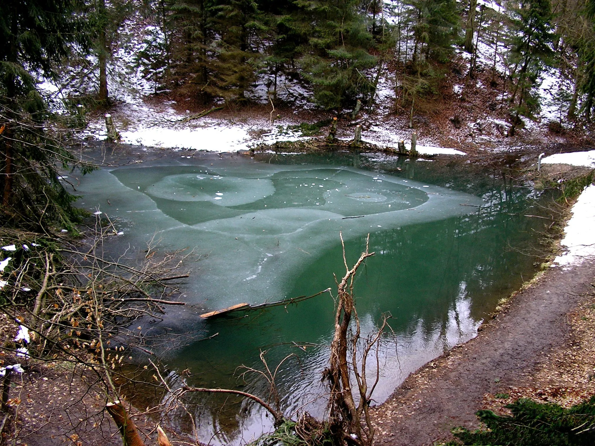Photo showing: Der Grüne See von seinem Nordufer Ende März 2006. Gut zu erkennen sind die türkis-grüne Färbung sowie die noch vorhanden Vereisung im zeitigen Frühjahr.