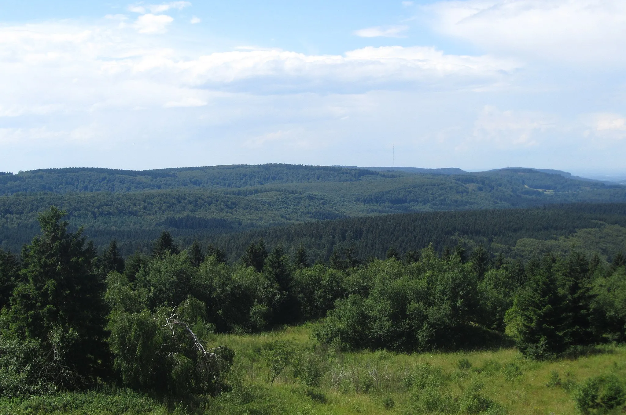 Photo showing: Blick vom Eggeturm auf dem Velmerstot (468 m) im Eggegebirge zum Teutoburger Wald mit dem Barnacken (446 m) als höchster Erhebung in der Bildmitte. Rechts davon der Sendemast auf dem Bielstein und das Hermannsdenkmal.