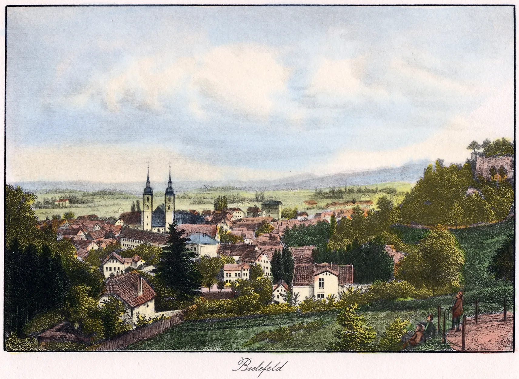 Photo showing: View form mount Johannisberg in Bielefeld upon the "Neustadt" (part of the city) and a fortification of Sparrenburg castle mid 19th century