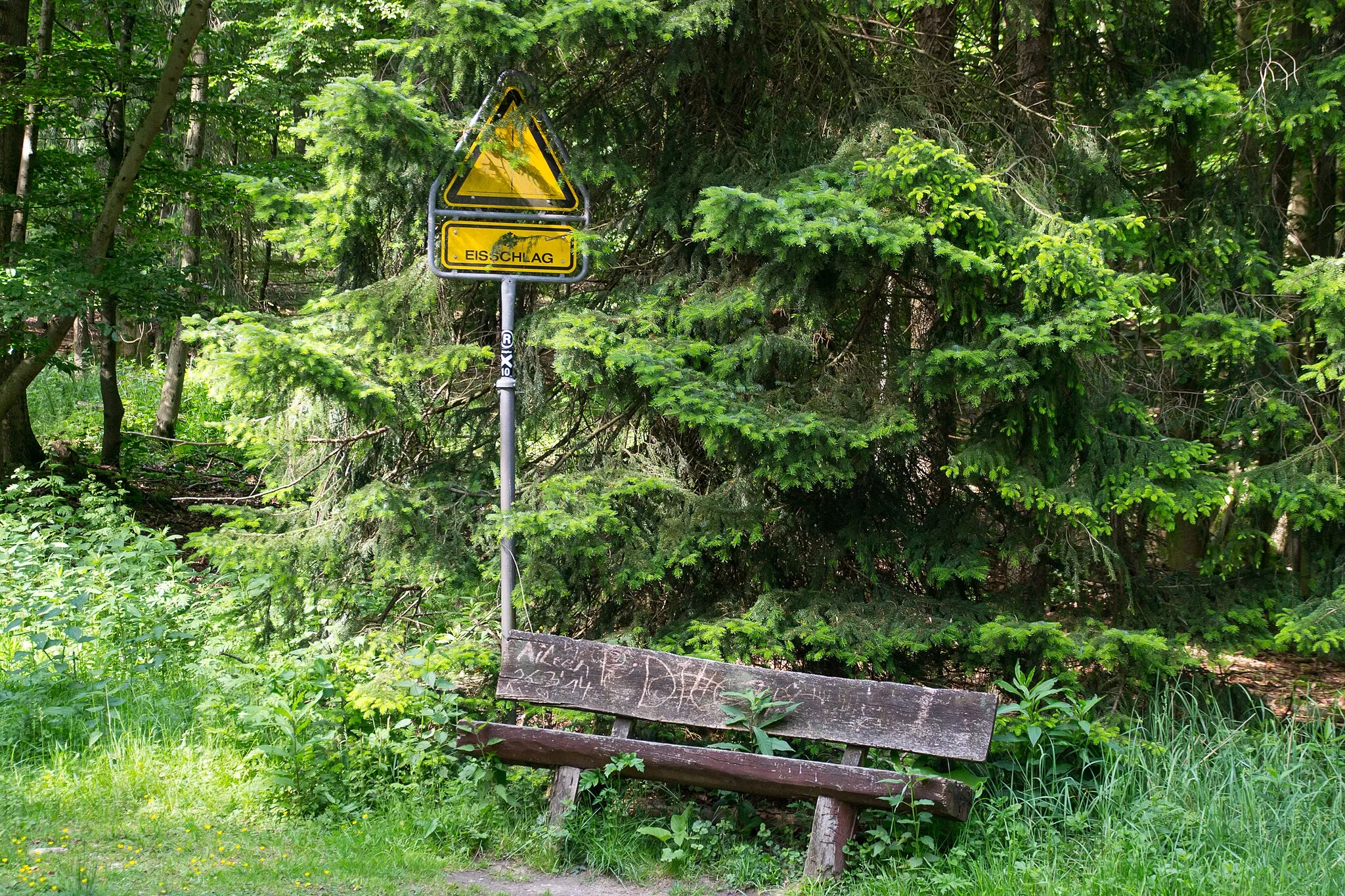 Photo showing: Augustdorf, Naturschutzgebiet "Östlicher Teutoburger Wald", Hinweisschild auf Eisschlag (von den Spannseilen des Bielstein-Senders) am Lönspfad