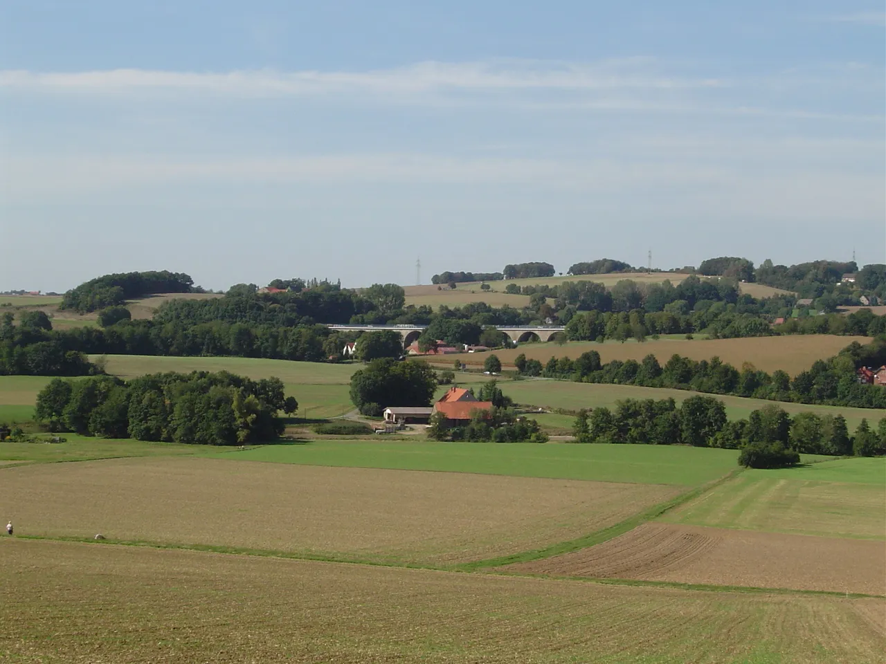 Photo showing: Rural scene in Exter, with the highway bridge visible.