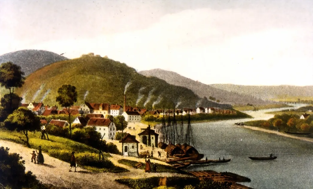Photo showing: Look at Vlotho, harbour and mountain Amtshausberg about 1850