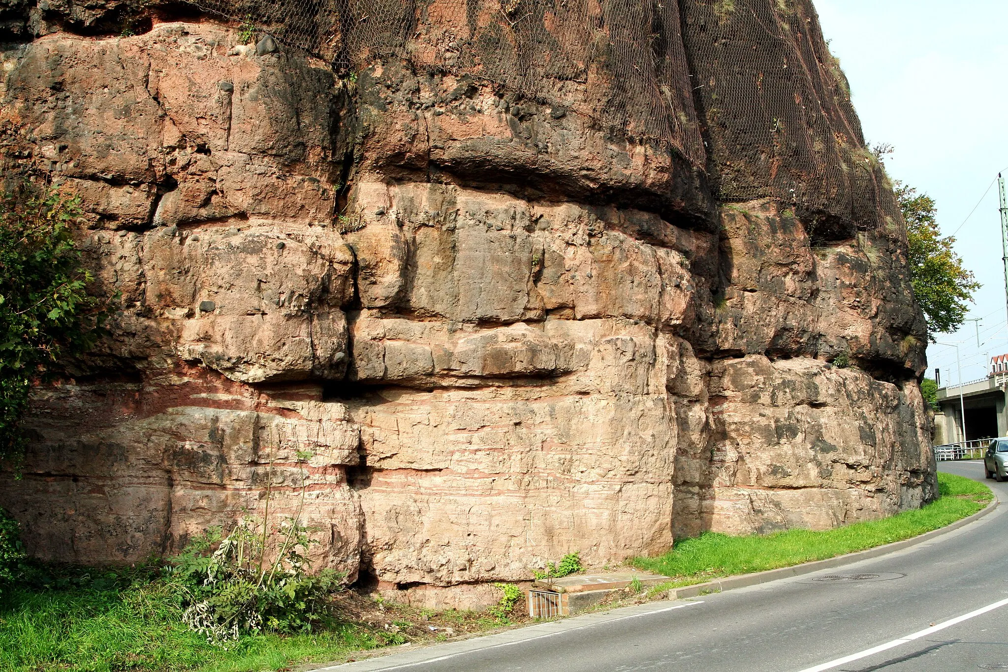 Photo showing: Detail of the Backofen-Felsen (“Baker’s Oven Rock”) at the south-western rim of the town of Freiberg (Saxony, Germany), Döhlen Basin, Bannewitz Formation (Rotliegend series, Lower Permian), showing relatively fine-grained and thinly bedded arcotic sandstones in the lower part of the image. The name of the locality refers to the elongated cave-like features in the rock face which are resulting from the outweathering of less resistant portions of the rock.
