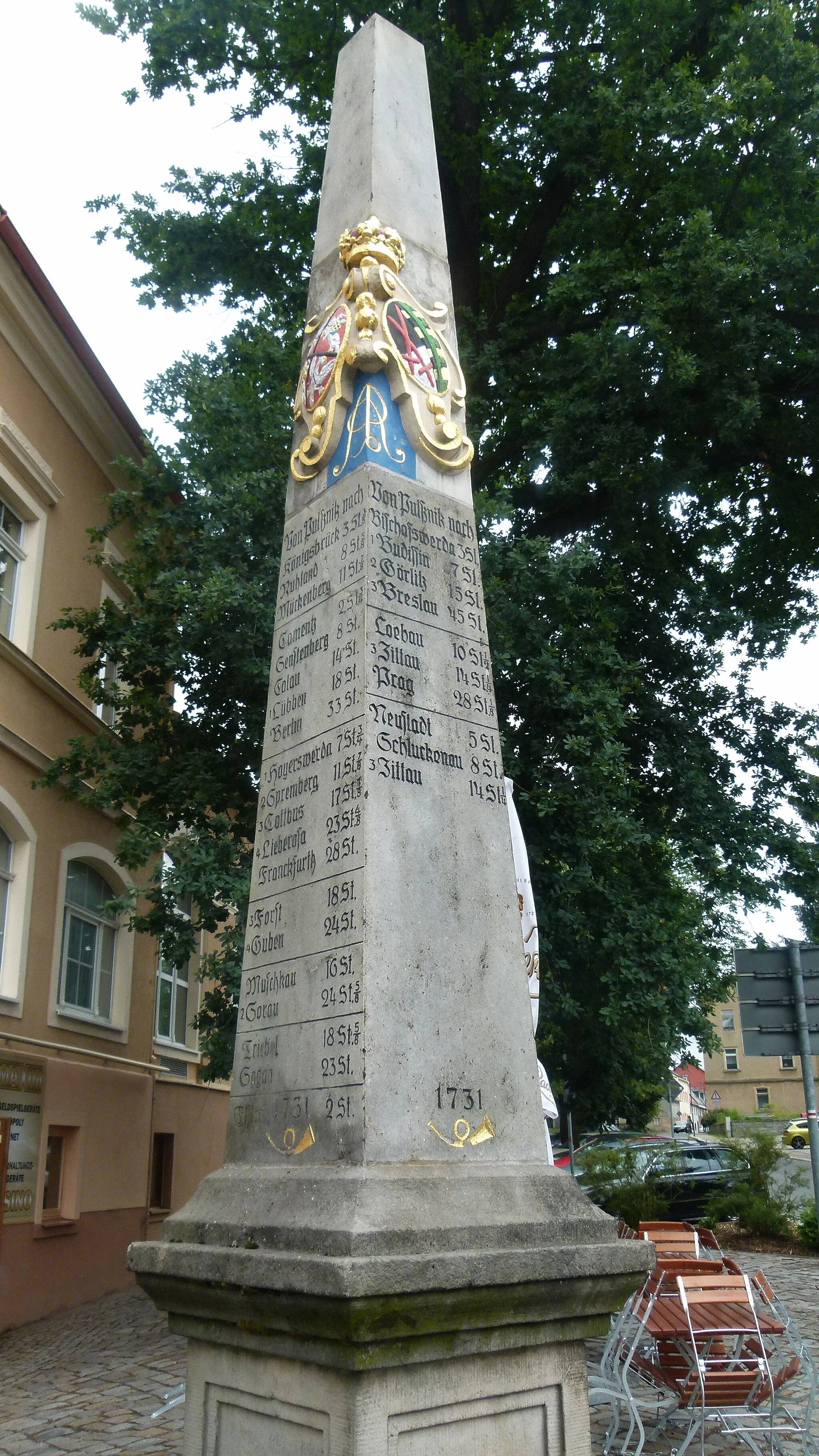 Photo showing: Postmeilensäule, Wettinplatz, Pulsnitz, Sachsen