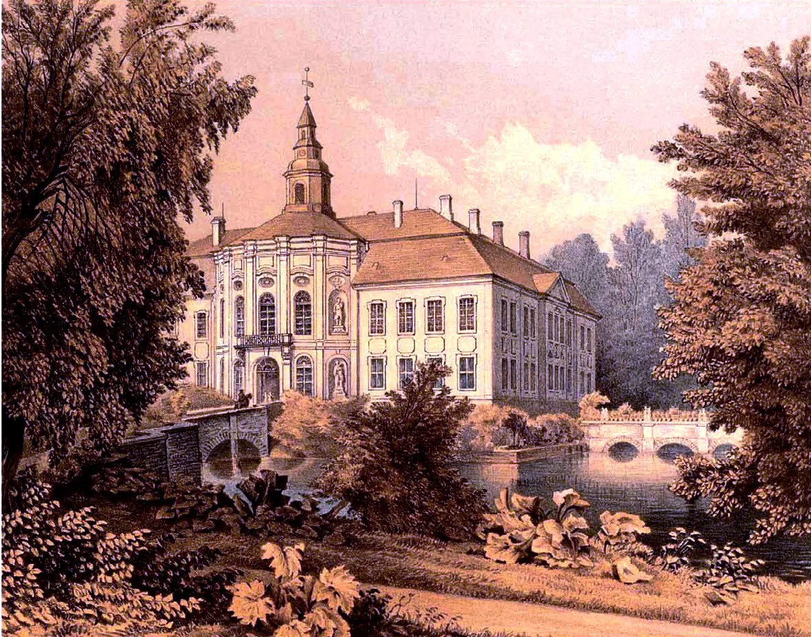 Photo showing: Schloss Jahmen, Kreis Rothenburg, Provinz Schlesien, Lithographie aus der Sammlung Duncker