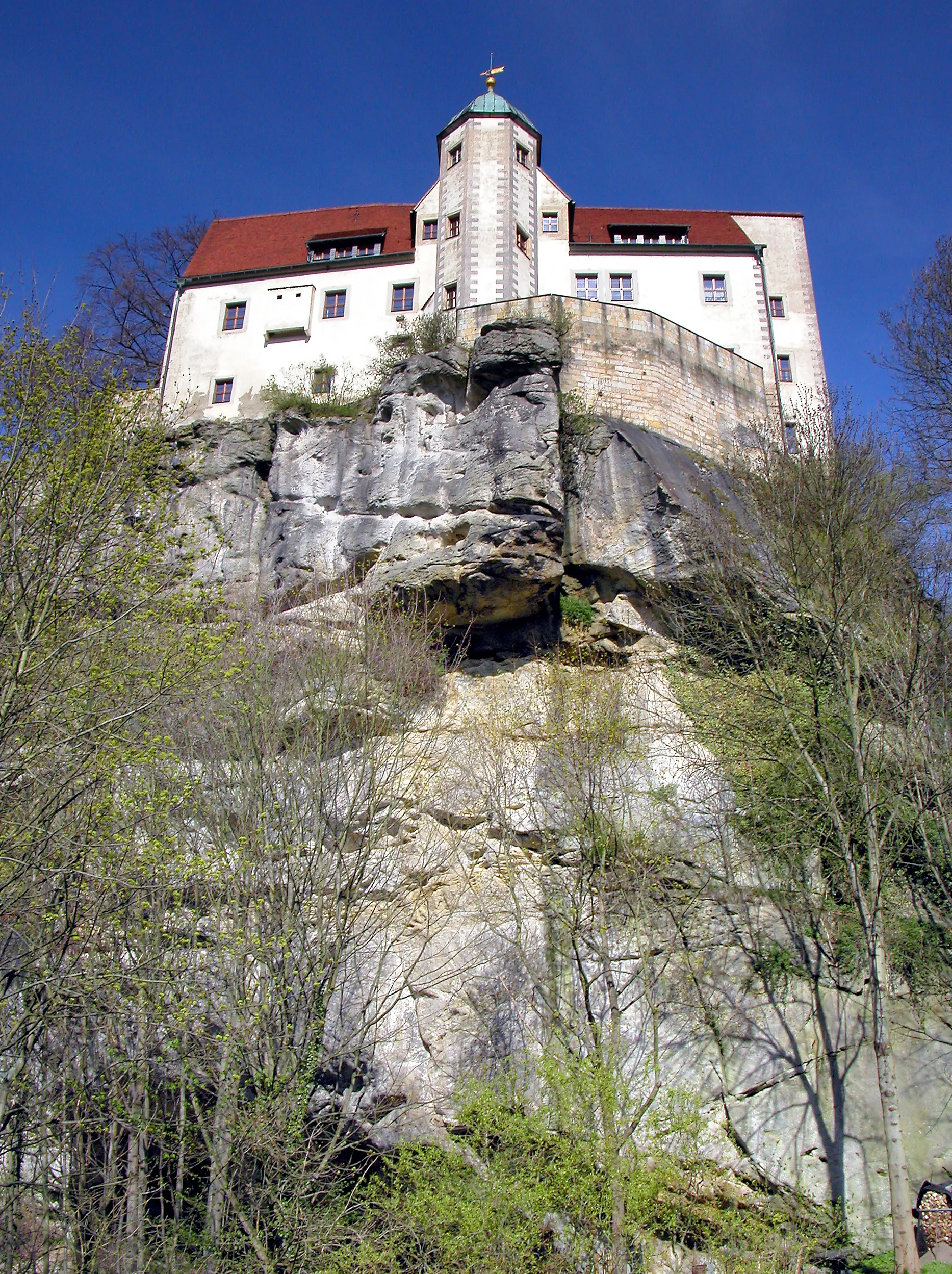 Photo showing: 21.04.2012   01848  Hohnstein: Burg (GMP: 50.976628,14.109229). Ursprünge im 15 und 16. Jahrhundert. Blick von Süden aus den Bärengarten-Tal zur Burg Hohnstein.
[DSCNn3759.TIF]20120421010DR.JPG(c)Blobelt