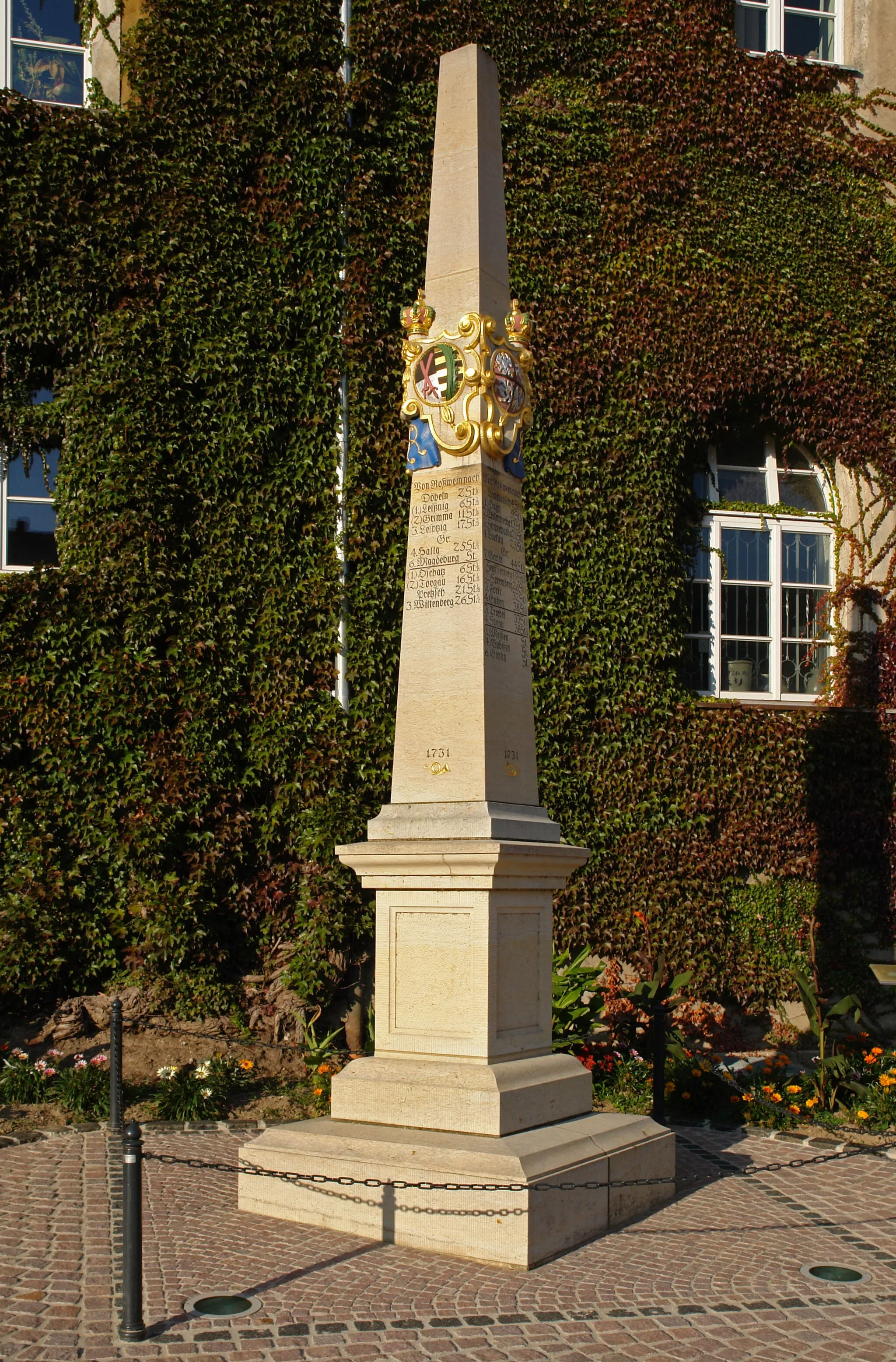 Photo showing: Postmeilensäule auf dem Roßweiner Marktplatz