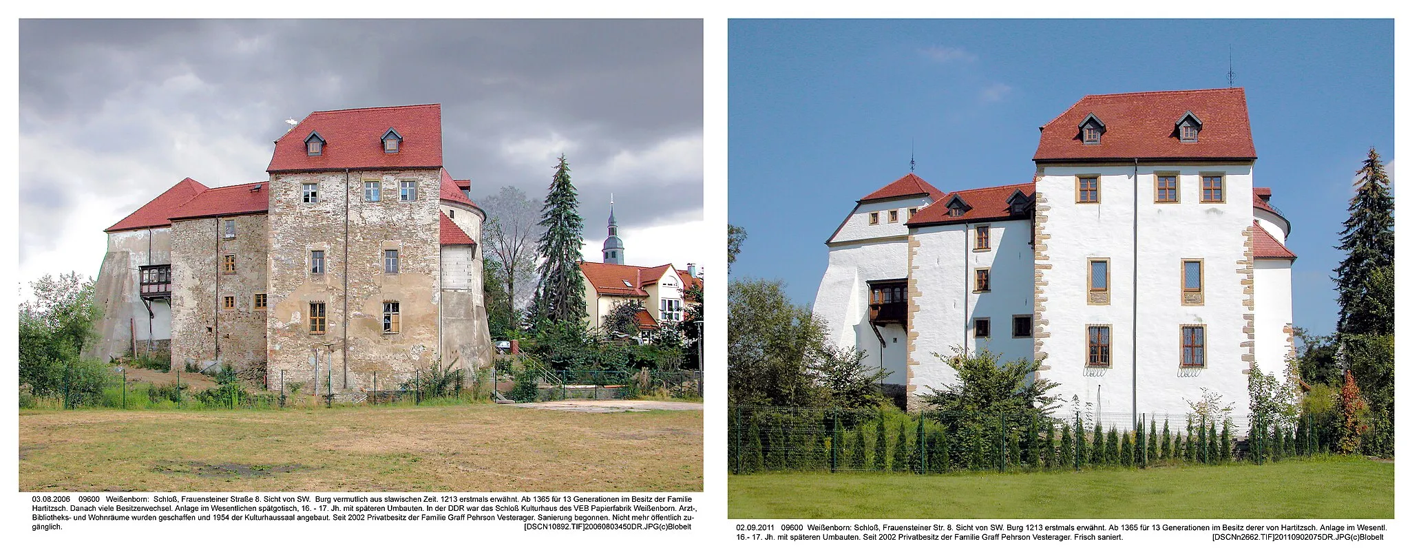 Photo showing: 03.08.2006 und 02.09.2011    09600   Weißenborn:  Schloß (GMP: 50.872061,13.399188), Frauensteiner Straße 8. Sicht von SW.  Burg vermutlich aus slawischen Zeit. 1213 erstmals erwähnt. Ab 1365 für 13 Generationen im Besitz der Familie Hartitzsch. Danach viele Besitzerwechsel. Anlage im Wesentlichen spätgotisch, 16. - 17. Jh. mit späteren Umbauten. In der DDR war das Schloß Kulturhaus des VEB Papierfabrik Weißenborn. Arzt-, Bibliotheks- und Wohnräume wurden geschaffen und 1954 der Kulturhaussaal angebaut. Seit 2002 Privatbesitz der Familie Graff Pehrson Vesterager. Sanierung begonnen. Nicht mehr öffentlich zugänglich.                                                                                                                                                                                                                           [DSCN10892+DSCNn2662.TIF]20110902076MDR.JPG(c)Blobelt