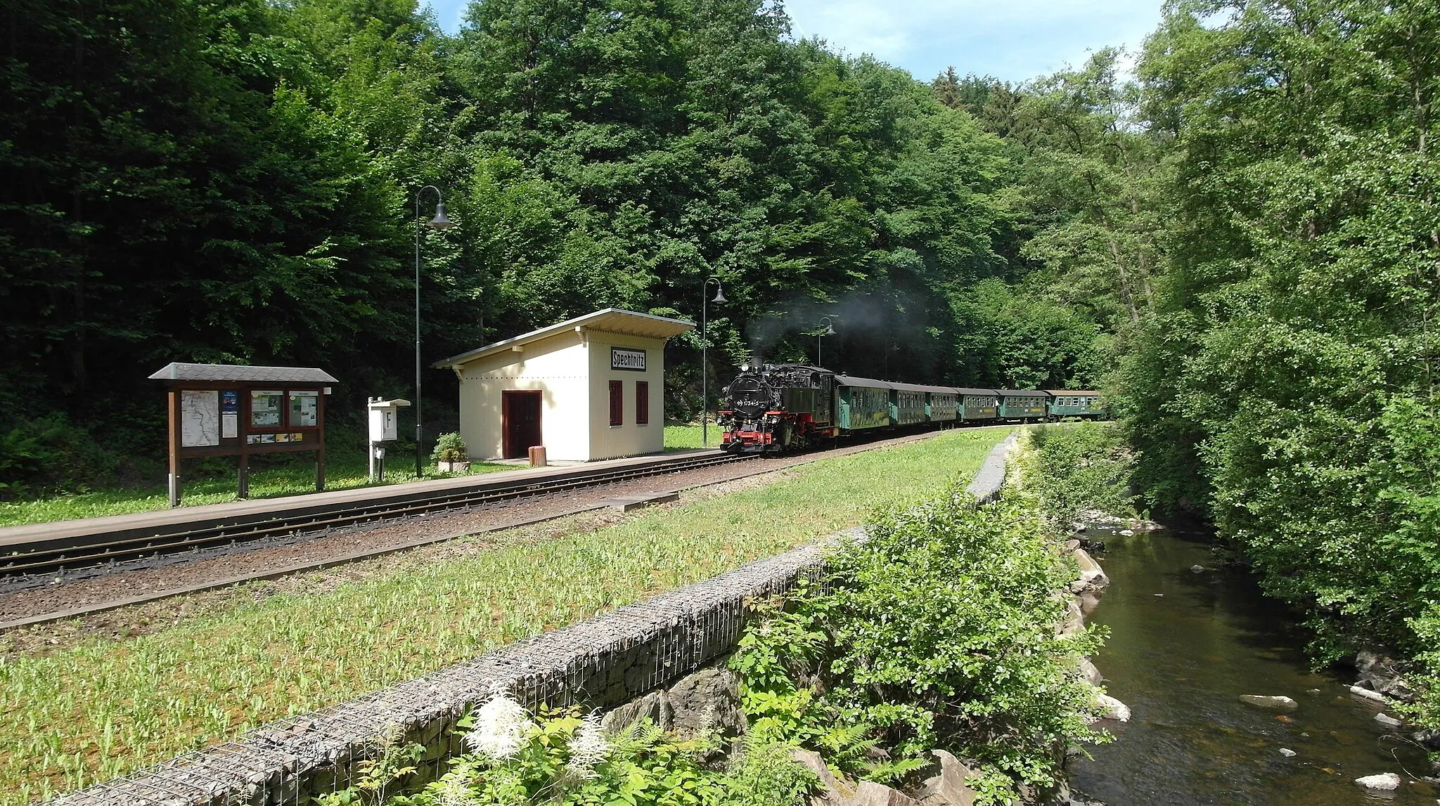 Photo showing: 09.06.2017    01734  Spechtritz (Rabenau):  Haltepunkt Spechtritz (GMP: 50.952603,13.638735) der Weißeritztalbahn unmittelbar am Ufer der Roten Weißeritz. Einfahrt der Dampflok 99 1734-5 mit einem Personenzug. Am 30.10.1882 
wurde die Schmalspurbahn Haisberg-Kipsdorf eröffnet. Schon 1897 war sie durch Hochwasser zerstört worden. Nach dem Hochwasser vom August 2002 begann am 13.12.2008 auf dem Teilstück zwischen Freital und Dippoldiswalde wieder der Fahrbetrieb. Ab dem 17. Juni 2017 soll die ganze Strecke bis Kurort Kipsdorf wieder befahren werden.                                                                                                                     [SAM0125.JPG]20170609155DR.JPG(c)Blobelt