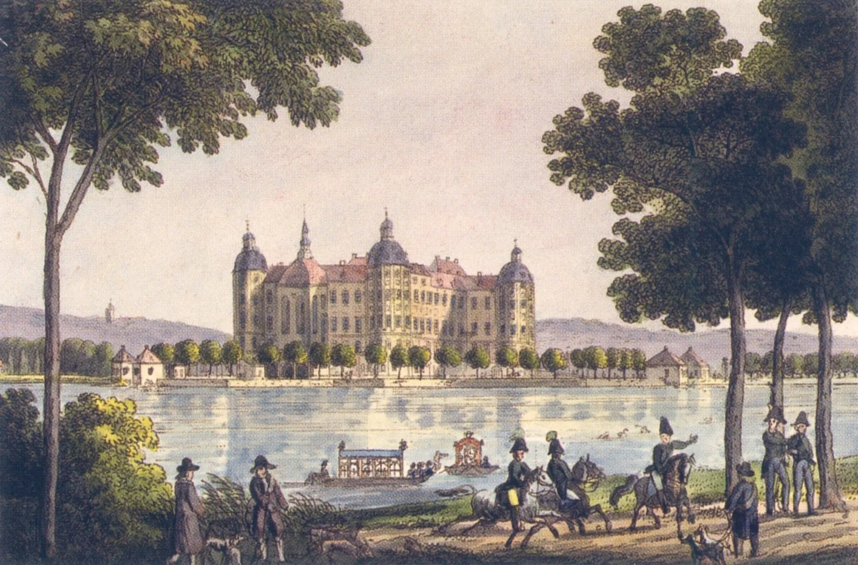 Photo showing: Castle Moritzburg, colored copper engraving