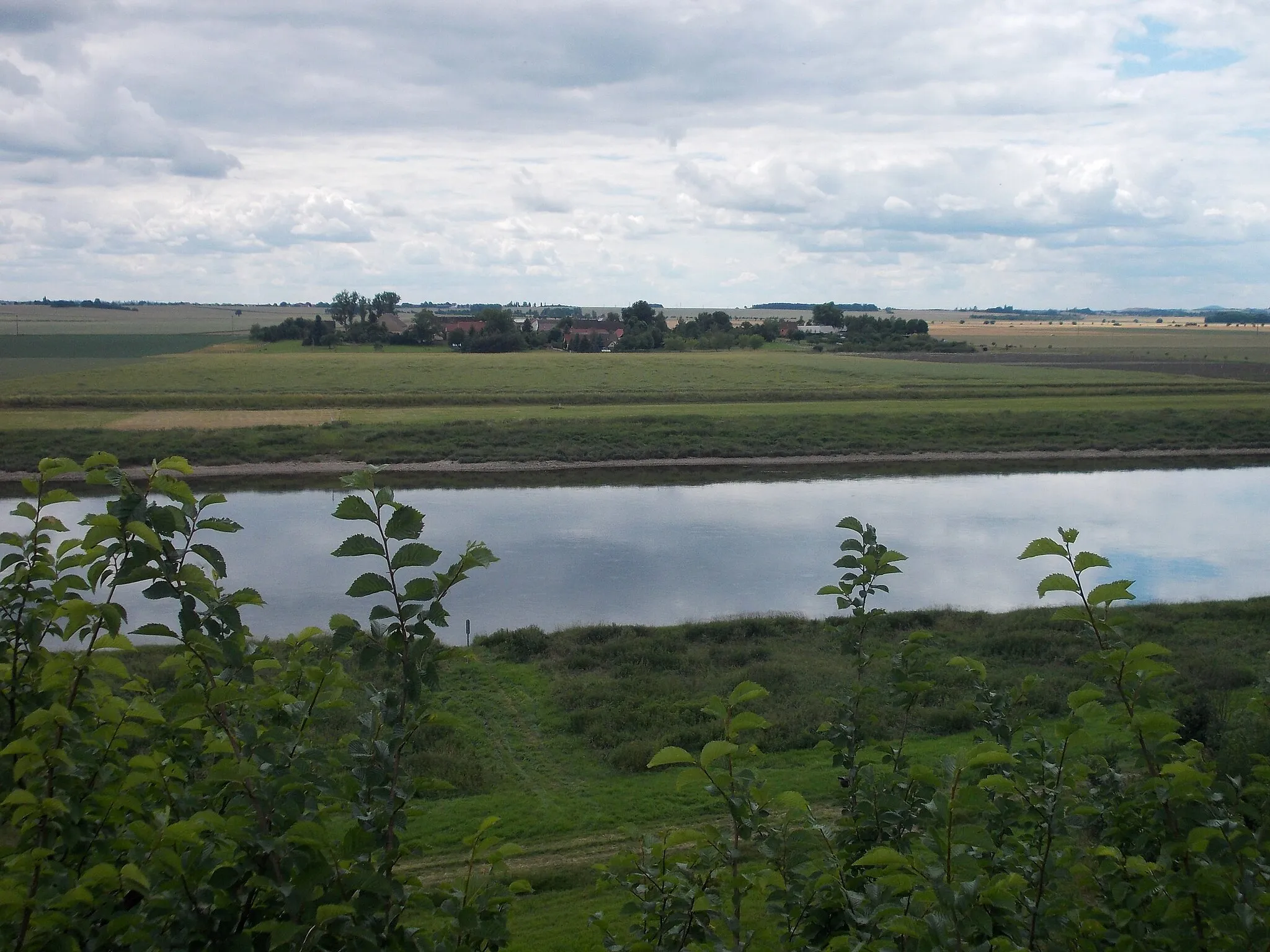Photo showing: Elbe river from Leckwitz sconce with the village of Schänitz (Hirschstein, Meissen district, Saxony) in the background