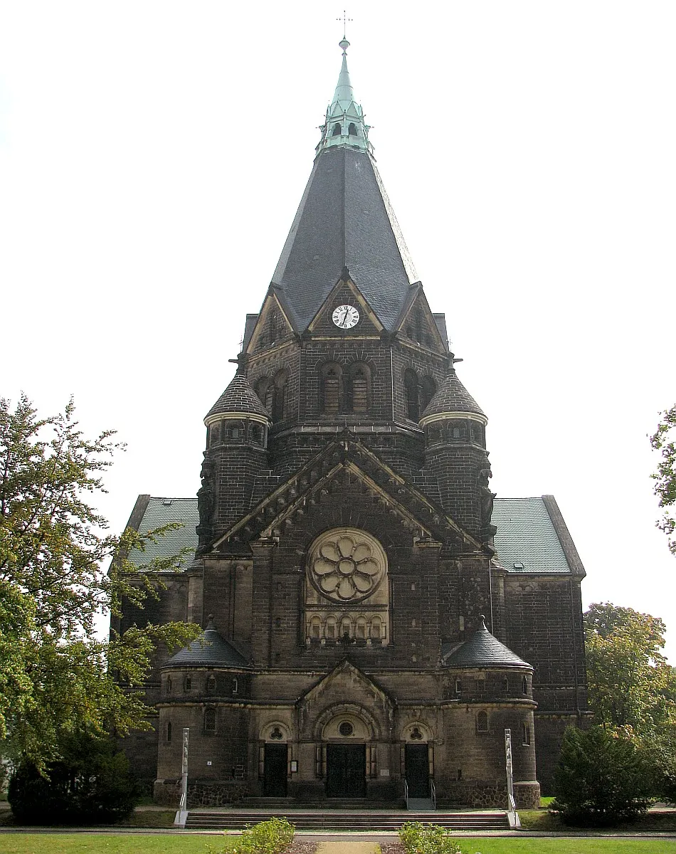 Photo showing: Riesa Elbe Trinitatis church 1897 profile of entrance side district Meißen Saxony photo 2008 Wolfgang Pehlemann Germany