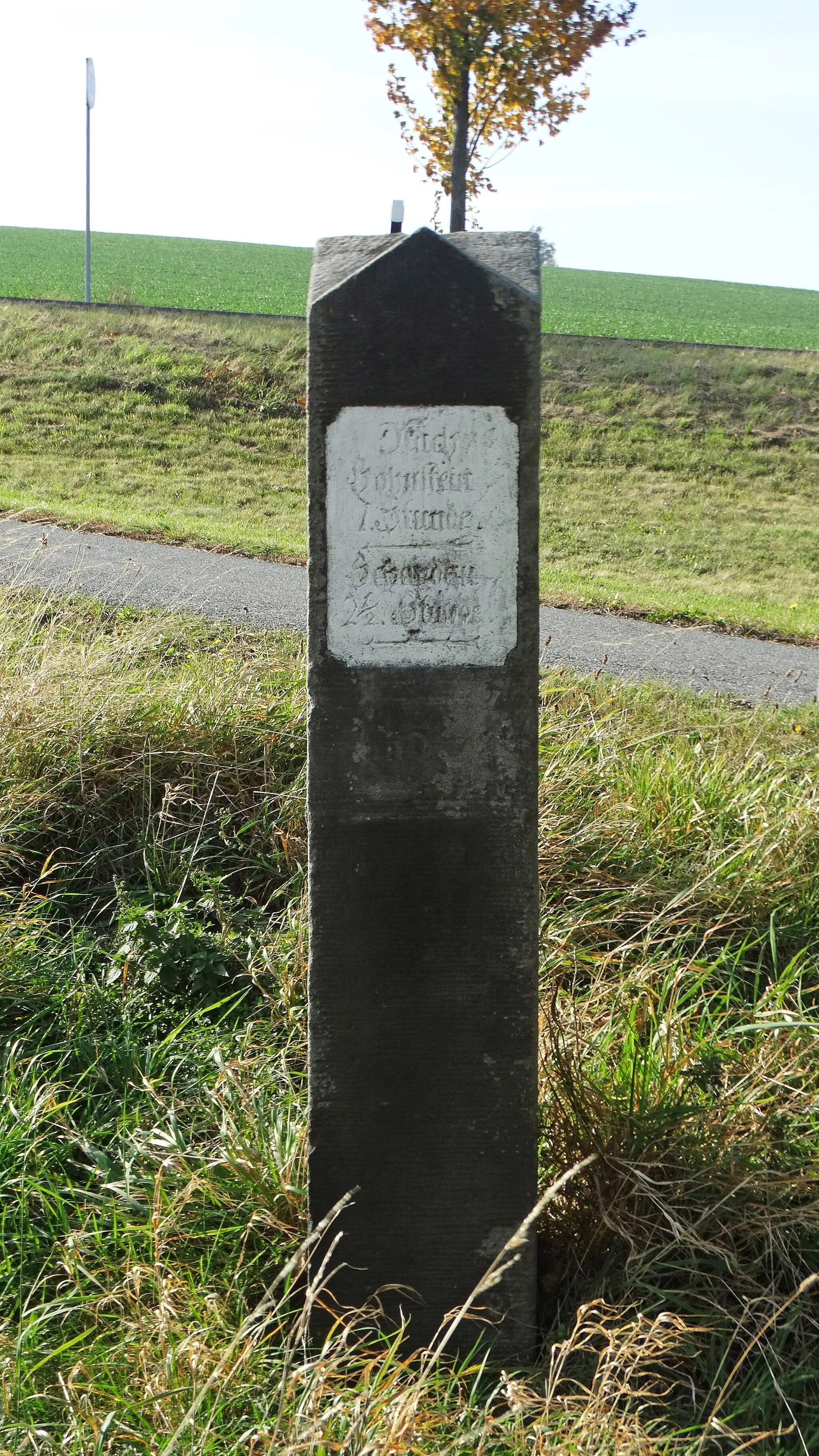 Photo showing: Kleindenkmal Wegweisersäule mit Richtungs- und Entfernungsangaben nach Hohnstein und Schandau in Hohburkersdorf (Hohnstein)