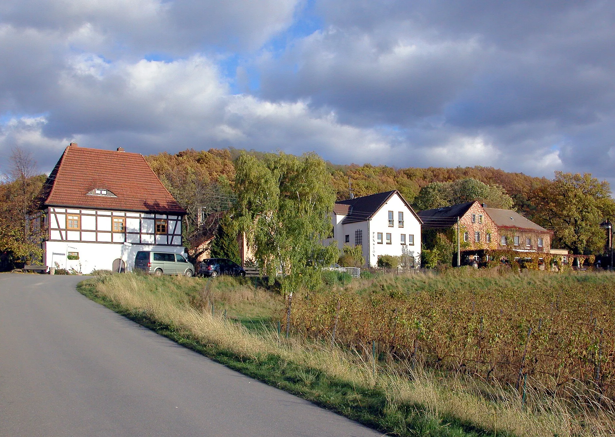 Photo showing: 05.11.2009  01640  Neucoswig (Coswig), Am Talkenberger Hof 3 (GMP: 51.130728,13.601025): Weingut Talkenberger Hof (1607). Die Weinberge am Rand des Friedewalds wurden im 16. Jahrhundert angelegt. Unter den Grundbesitzern war auch ein Georg Talkenberg (Jorg Dalchenbergk), der 1595 im Kirchenbuch von Coswig genannt wird. Dieser errichtete 1607 den Talkenberger Hof. Der Weinberg hatte wechselnde Besitzer. Diese wohnten nicht auf dem Talkenberger Hof, sondern nutzten ihn als Sommerhaus. 1647 war der Weinberg im Besitz des Moritzburger Amtsschössers Simon Heymann, 1665 erwarb ihn die Witwe des kurfürstlichen Sekretärs Christian Reichbrodt, der als Freiherr von Schrenkendorff in den Adelstand aufgestiegen war. 1960 vereinigten sich drei Neucoswiger Gärtnereien zur Gärtnerischen Produktionsgenossenschaft "Am Talkenberger Hof". Seit den 1970er Jahren wurden die alten Weinberge wieder aufgerebt. Im Weinberghaus, das nach 1994 denkmalgerecht restauriert wurde, befinden sich Wohnungen.                 [DSCN40041.TIF]20091105485DR.JPG(c)Blobelt