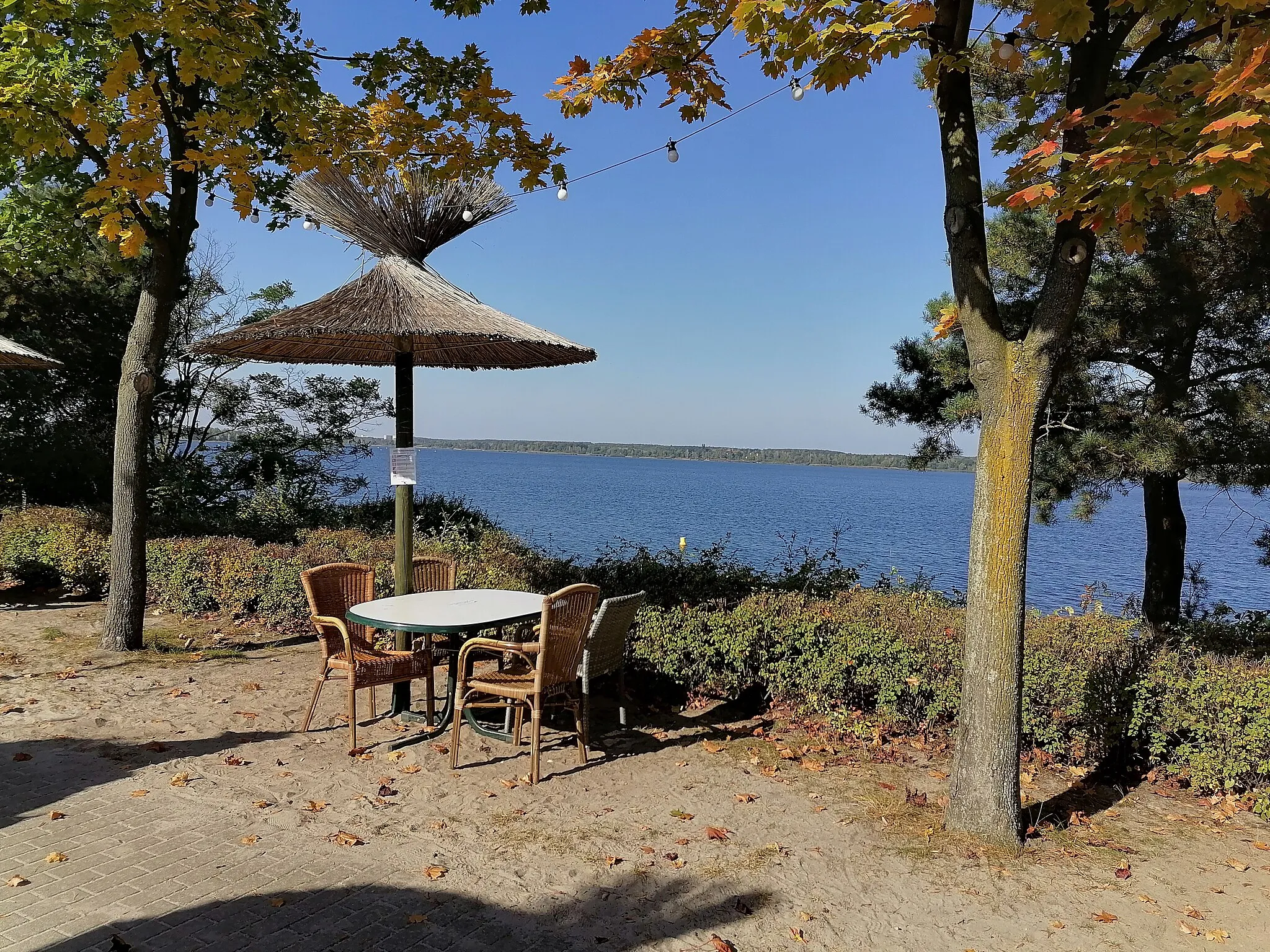 Photo showing: Großkoschen, Sitzgruppe am „Sharky's“ am Seerundweg mit Seeblick, Spätsommer