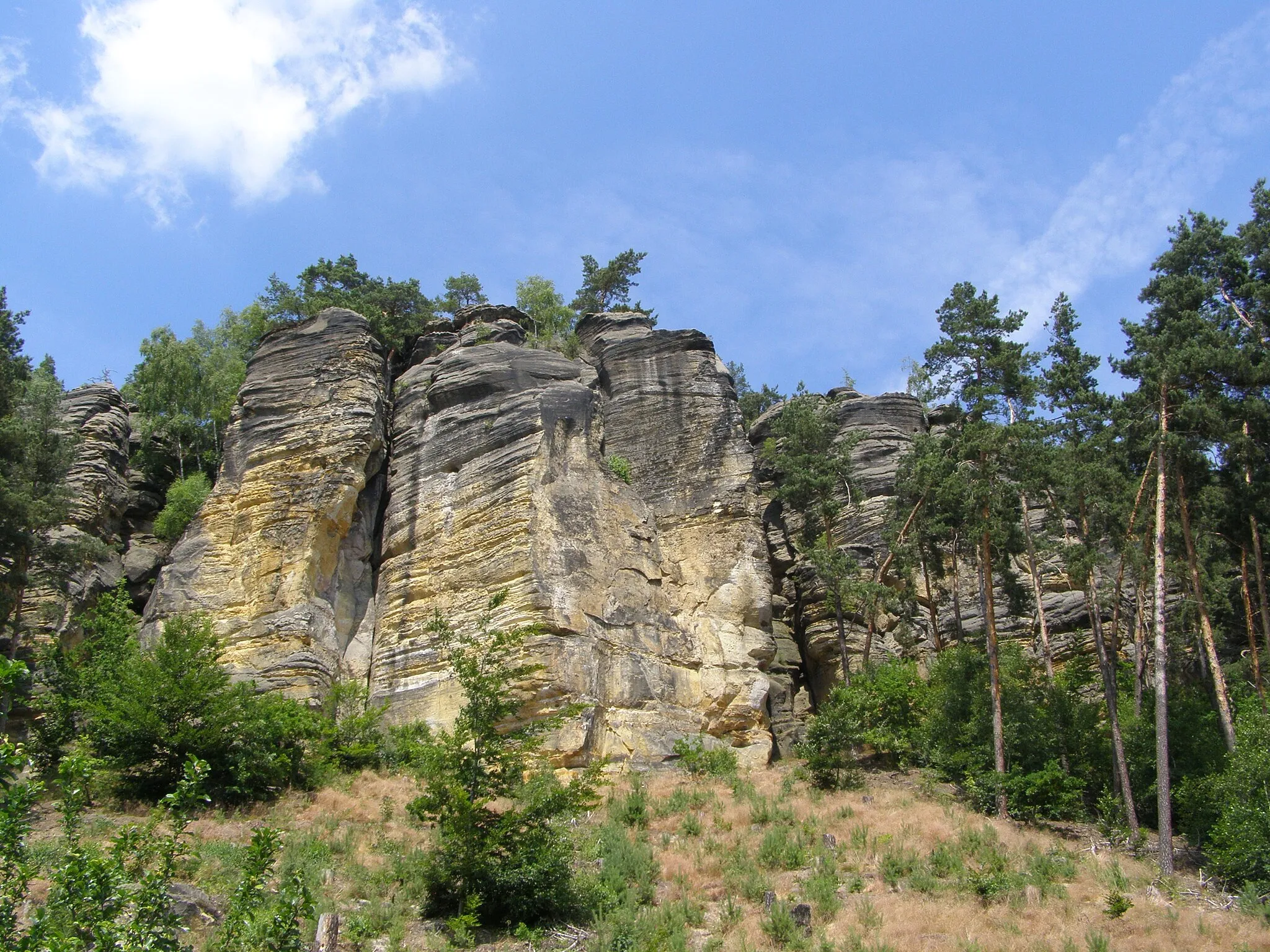 Photo showing: Cvikovská pahorkatina, skály na západním úbočí vrcholu Tisový vrch (540 m) v obci Svojkov