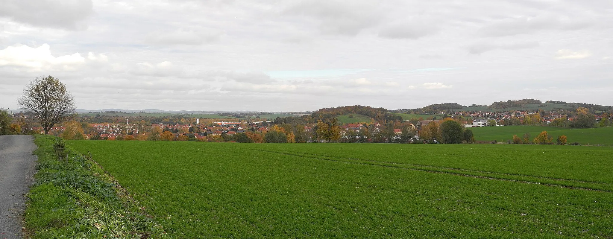 Photo showing: Blick vom Taubenberg in Dresden-Bühlau auf Weißig mit dem Hutberg, Lindenberg, Hermsberg und Napoleonstein (von links nach rechts)